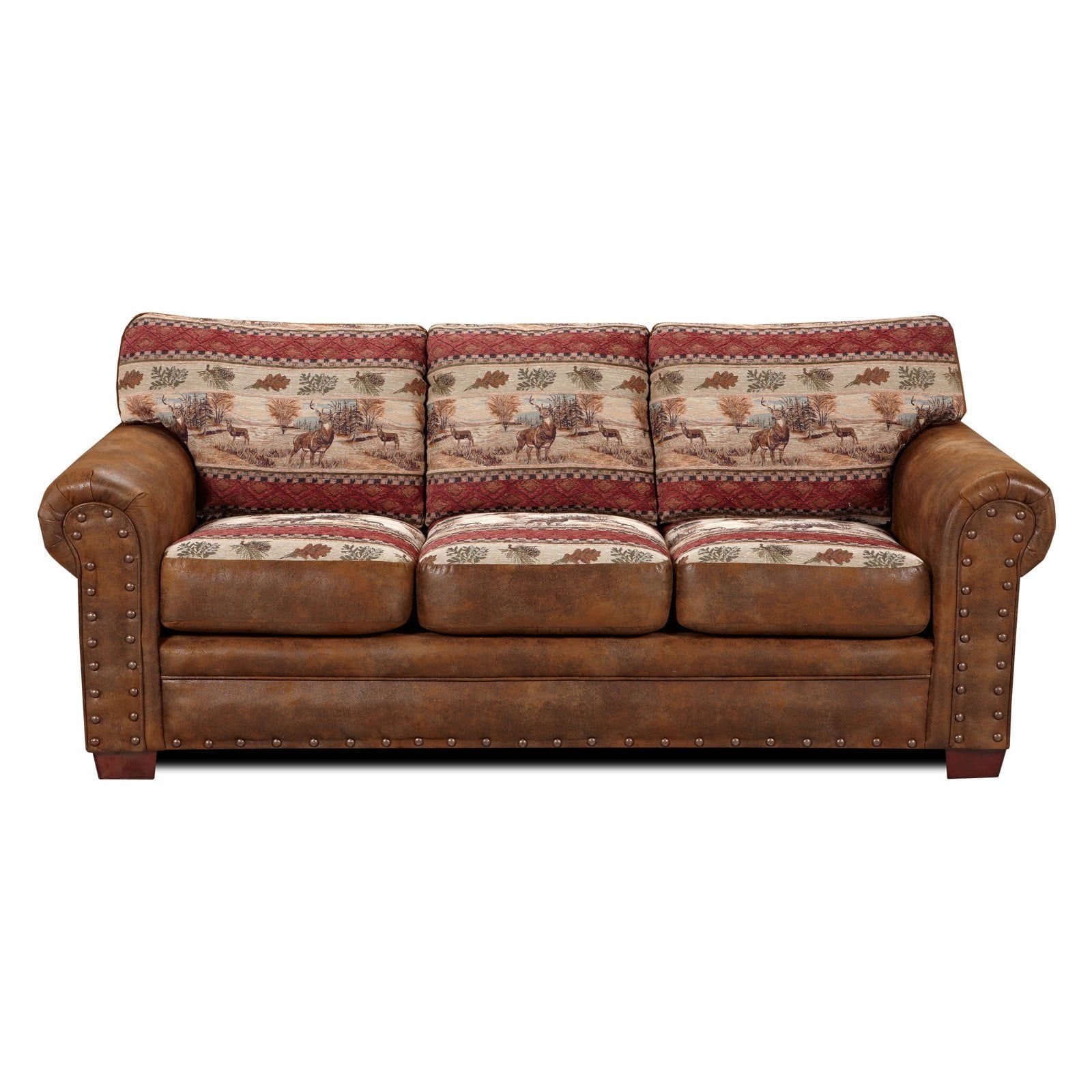 Brown Microfiber and Tapestry Lodge Sofa with Nailhead Trim