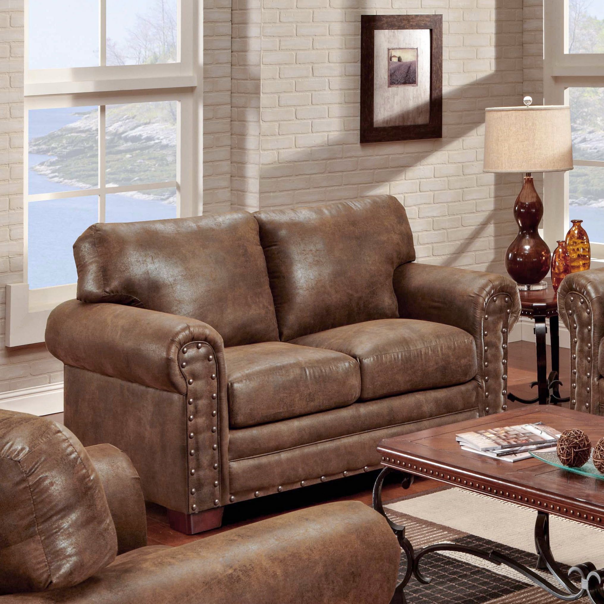 Brown Faux Leather Nailhead Loveseat with Pillow-top Arms