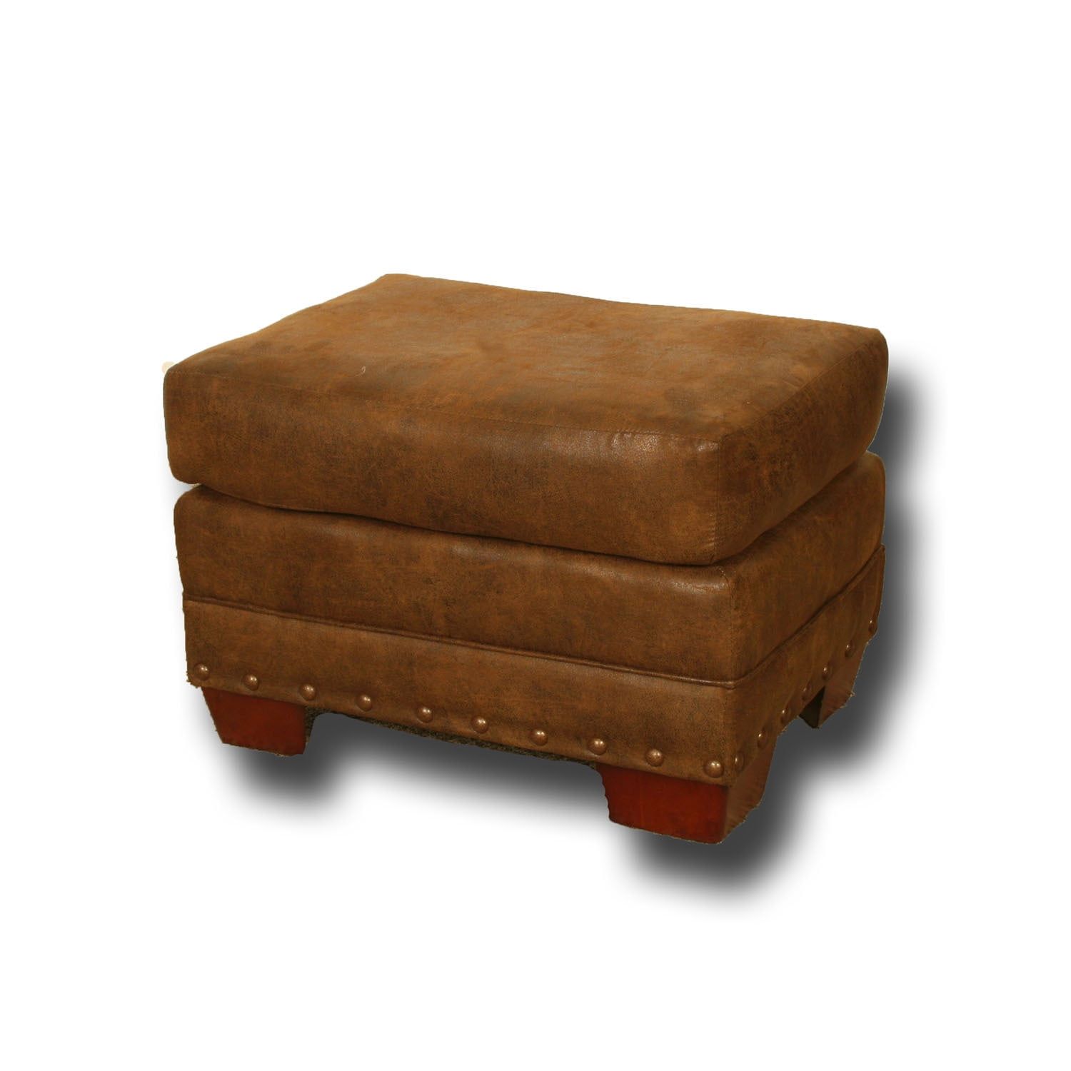 Buckskin Rustic Leather-Look Microfiber Ottoman with Antique Brass Accents