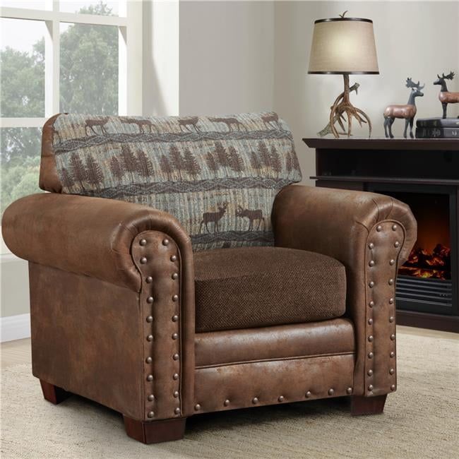 Brown Microfiber and Wood Nailhead Loveseat with Pillow Back