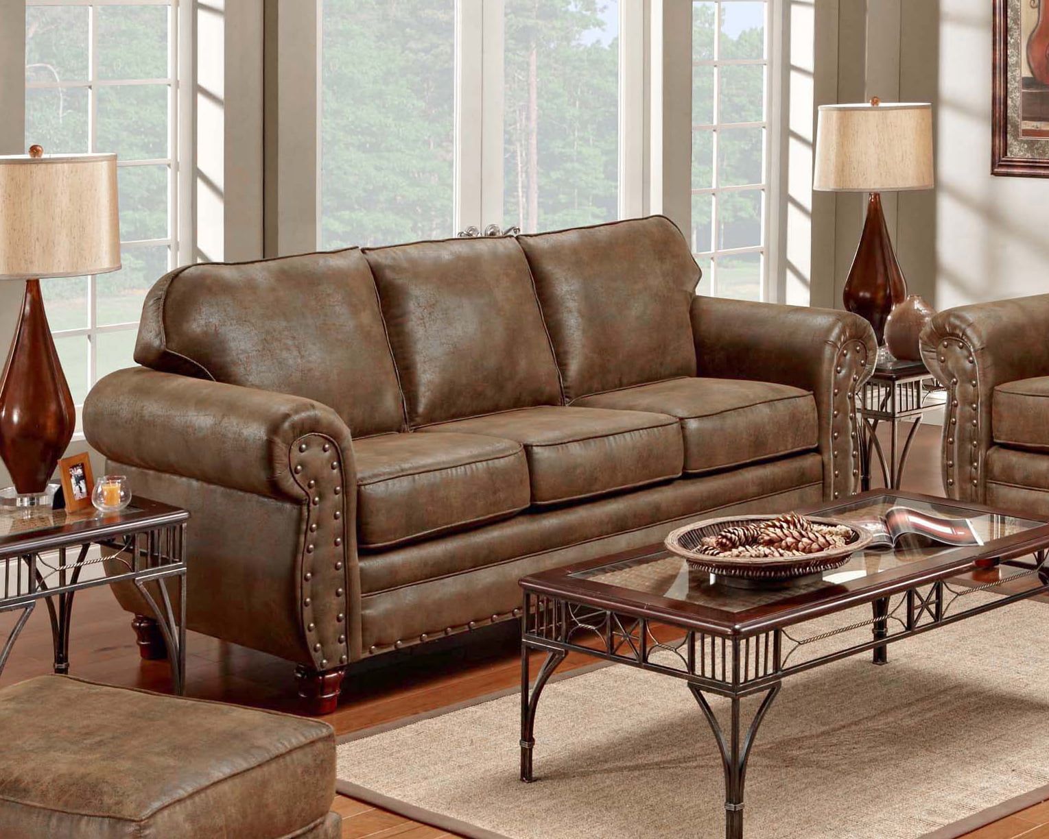 Sedona Traditional Brown Faux Leather Sofa with Rustic Nailhead Accents