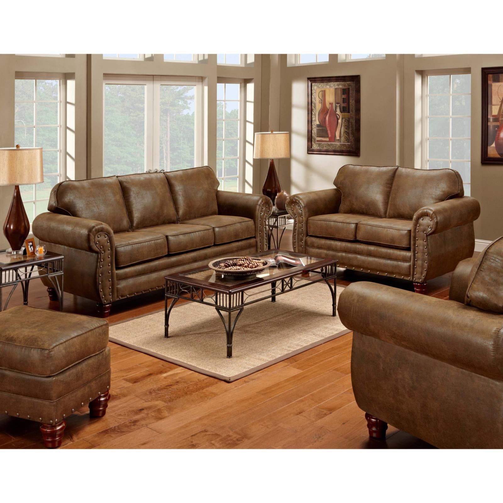 Sedona Elegance Rustic Brown Microfiber Sofa Set with Brass Nailhead Accents