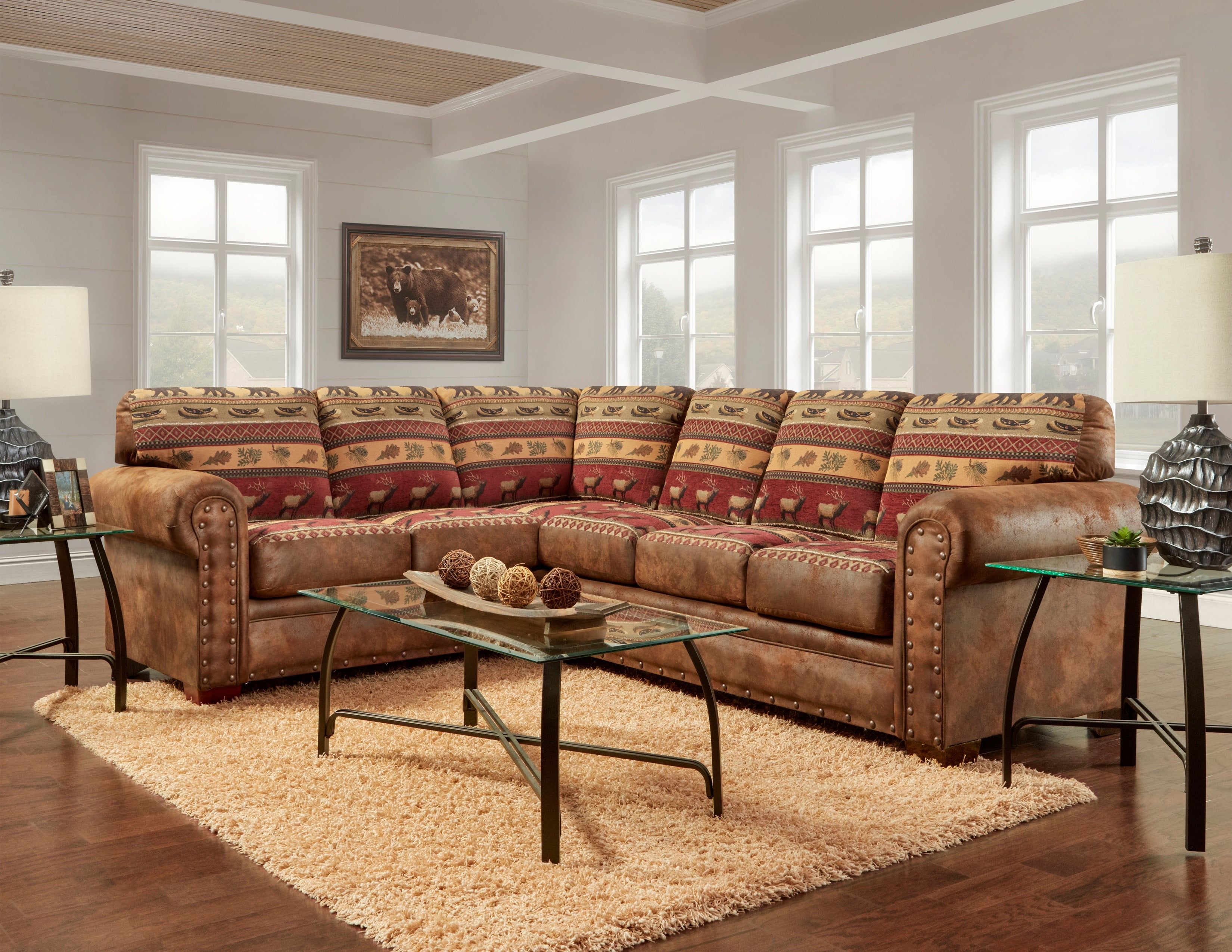 Brown Tufted Faux Leather Two-Piece Sectional Sofa with Nailhead Trim