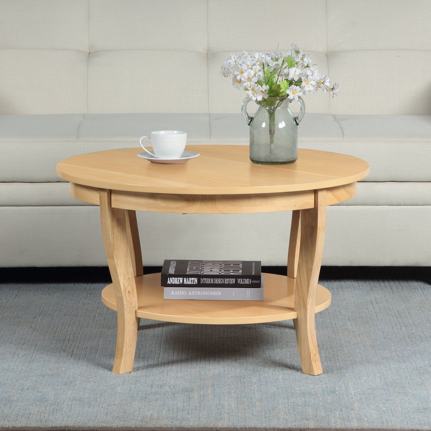 Beige Wood Round Coffee Table with Shelf, 30-inch