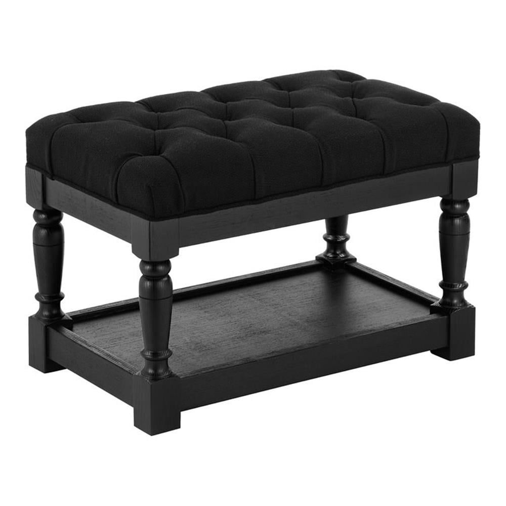 Classic European Tufted Black Solid Wood Stool, 17"H x 26"W