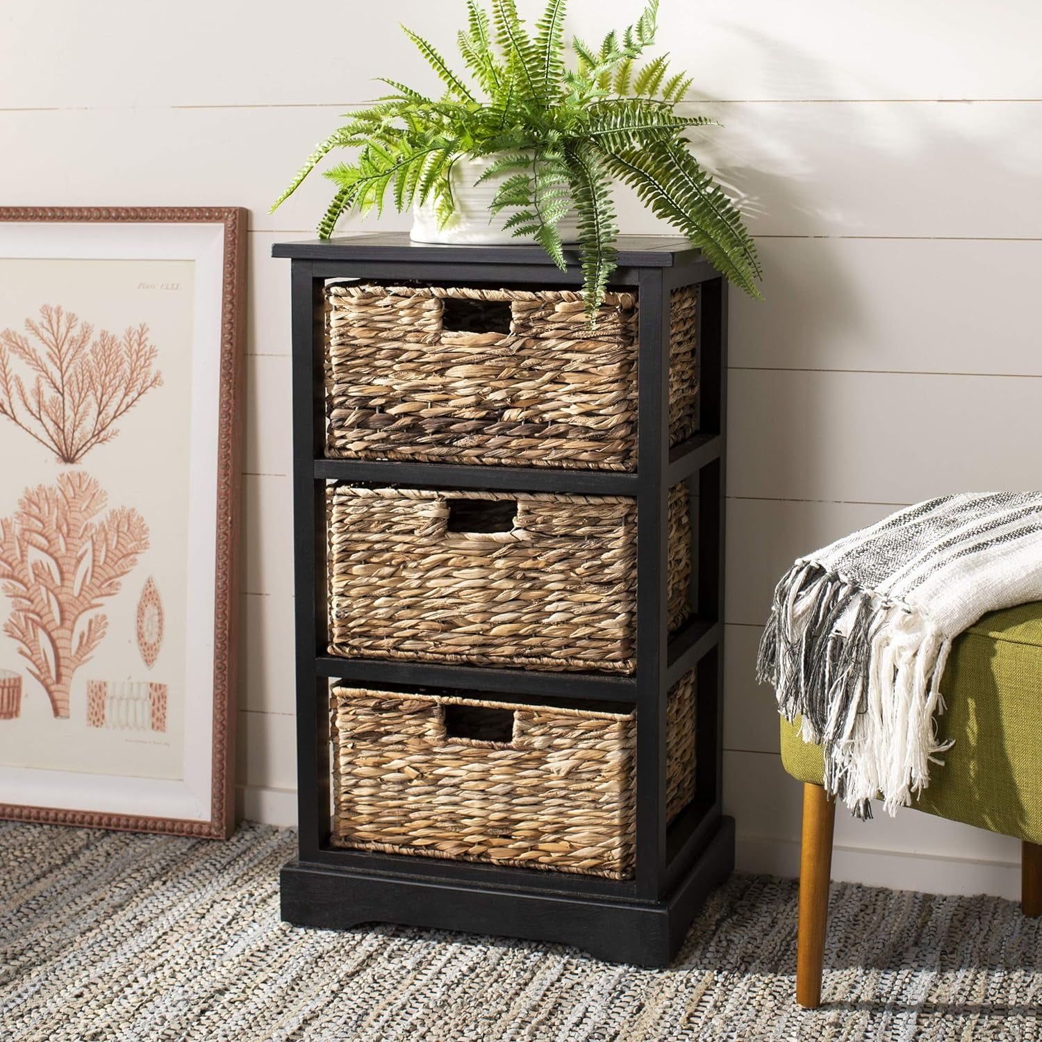 Transitional Gray Pine Wood Side Table with 3 Wicker Baskets
