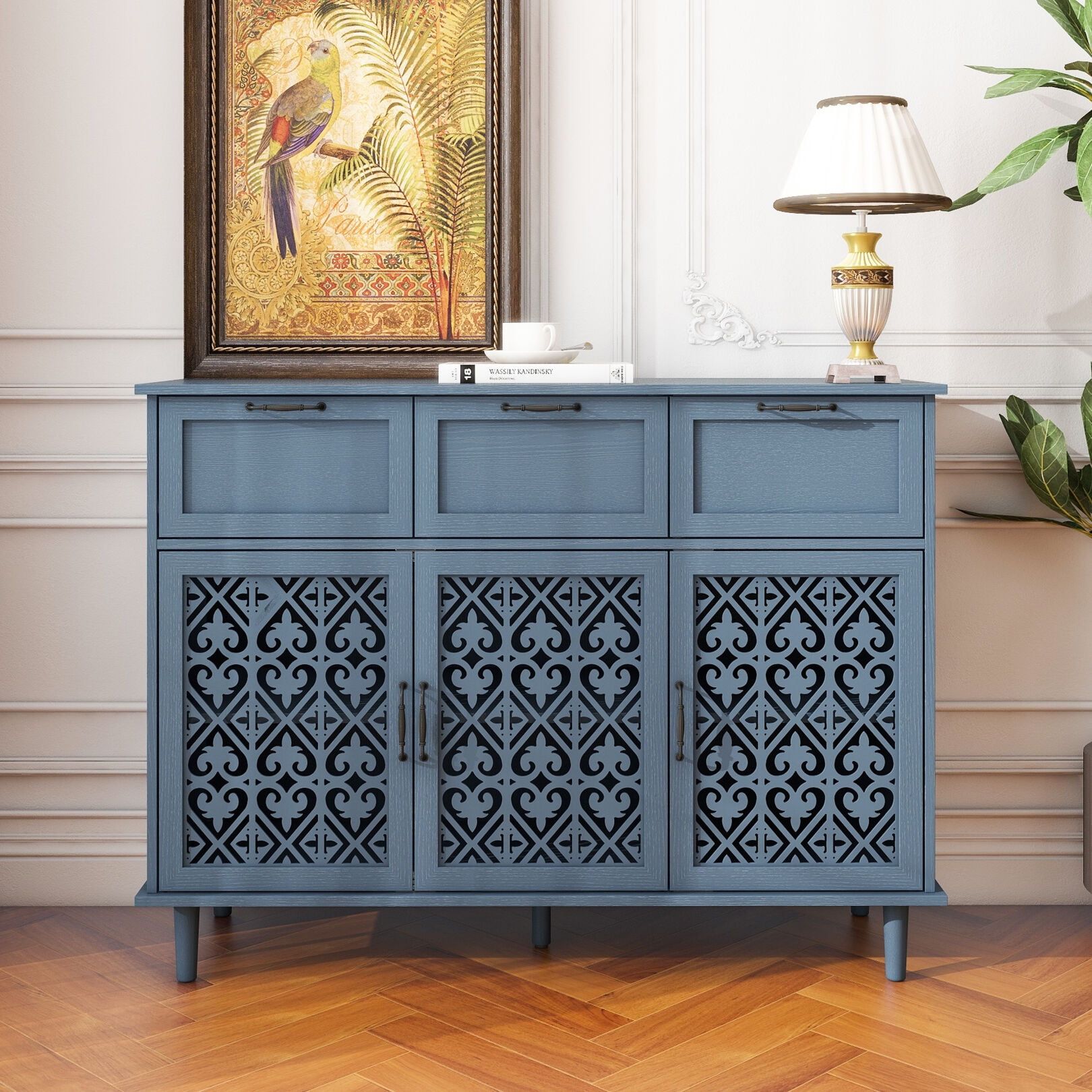 Blue Freestanding Particle Board Sideboard with Adjustable Shelving