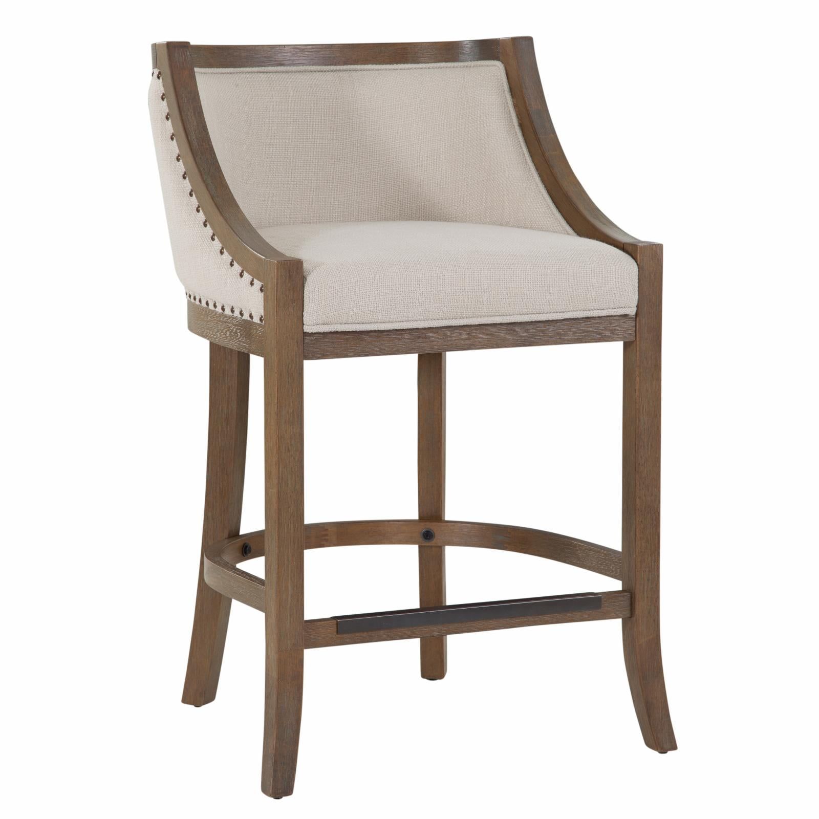 Warm Brown Birch Wood Adjustable Bar Stool with Light Beige Linen Seat