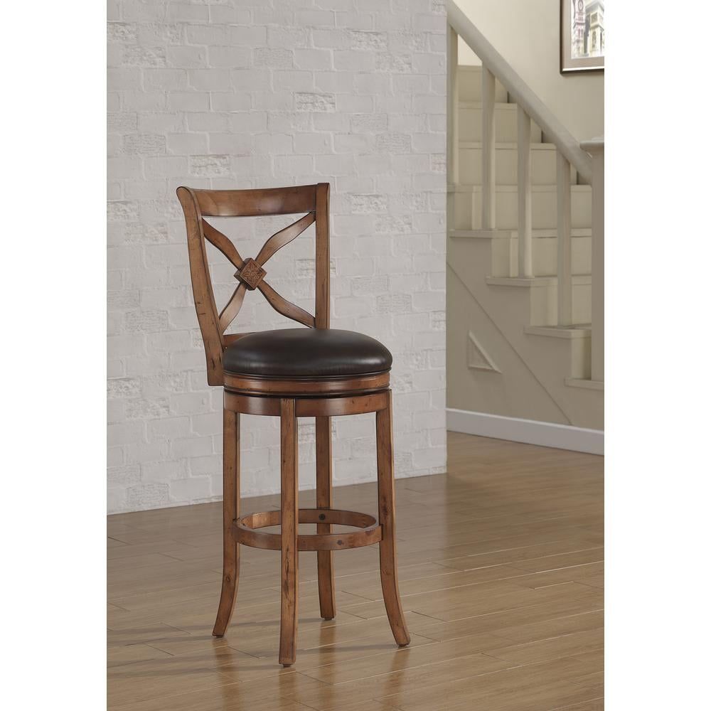 Transitional Swivel Bar Stool in Brown Leather and Light Oak