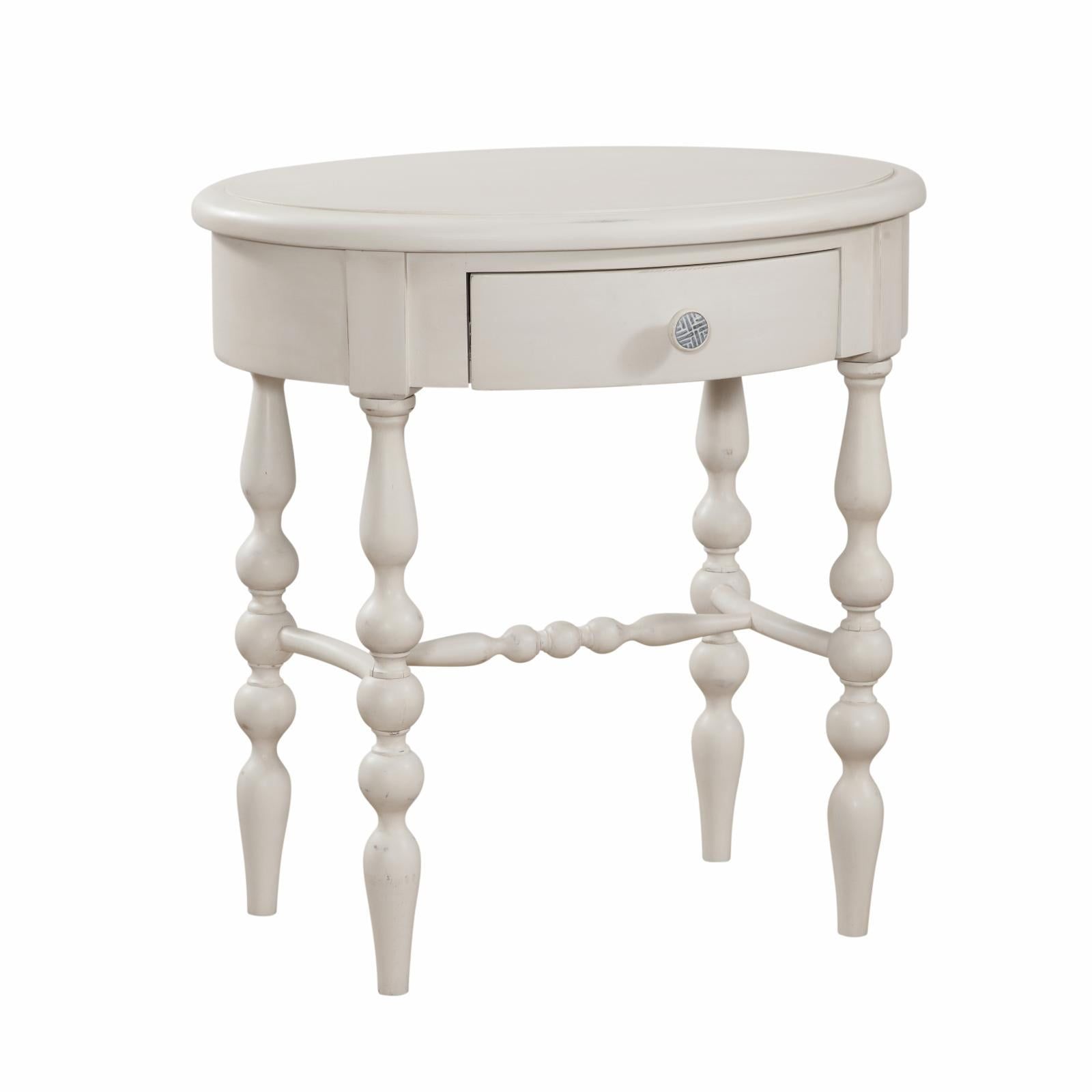 Dove White Wood Oval Accent Table with Storage Drawer