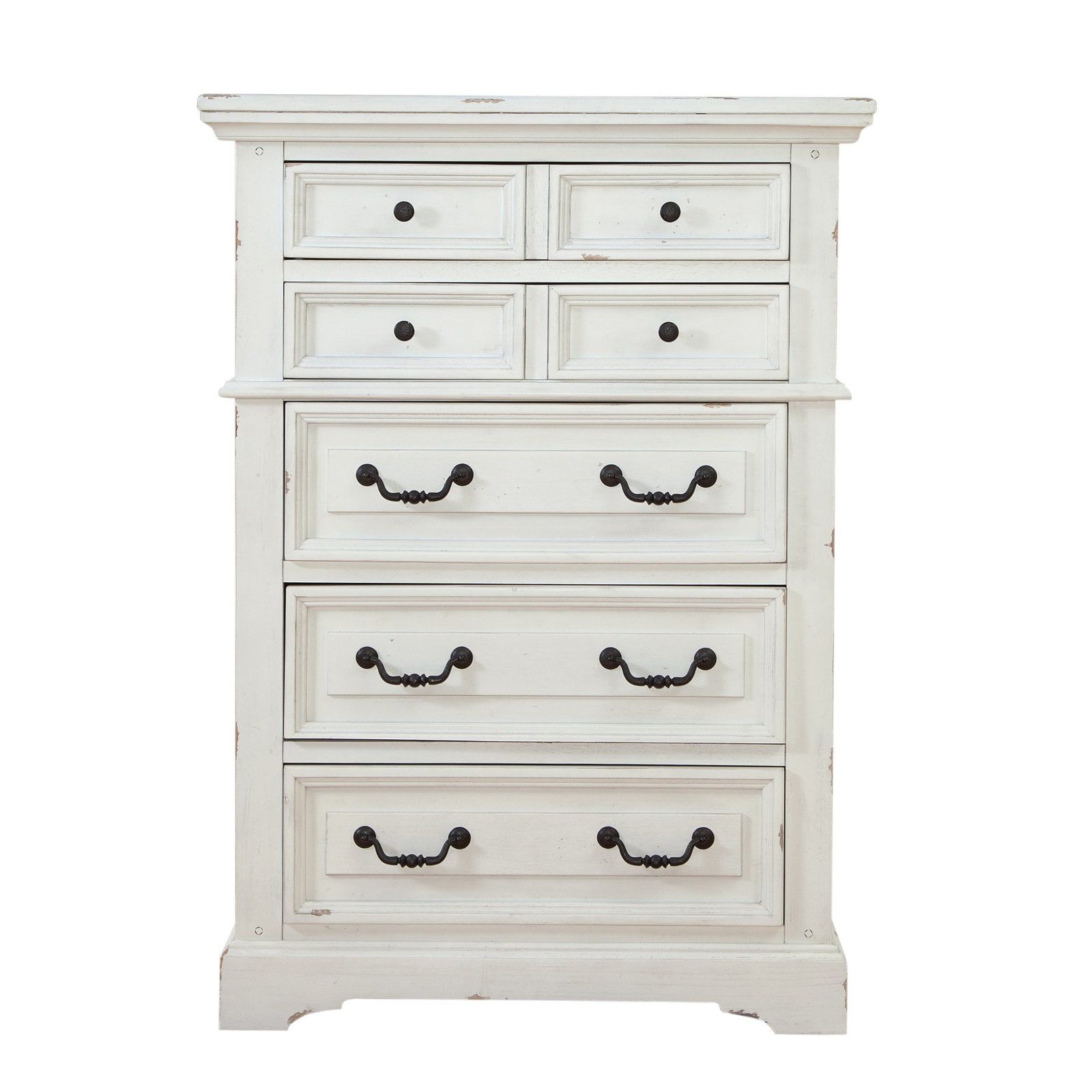 Transitional Rustic 5-Drawer White Wood Chest with Hammered Metal Knobs