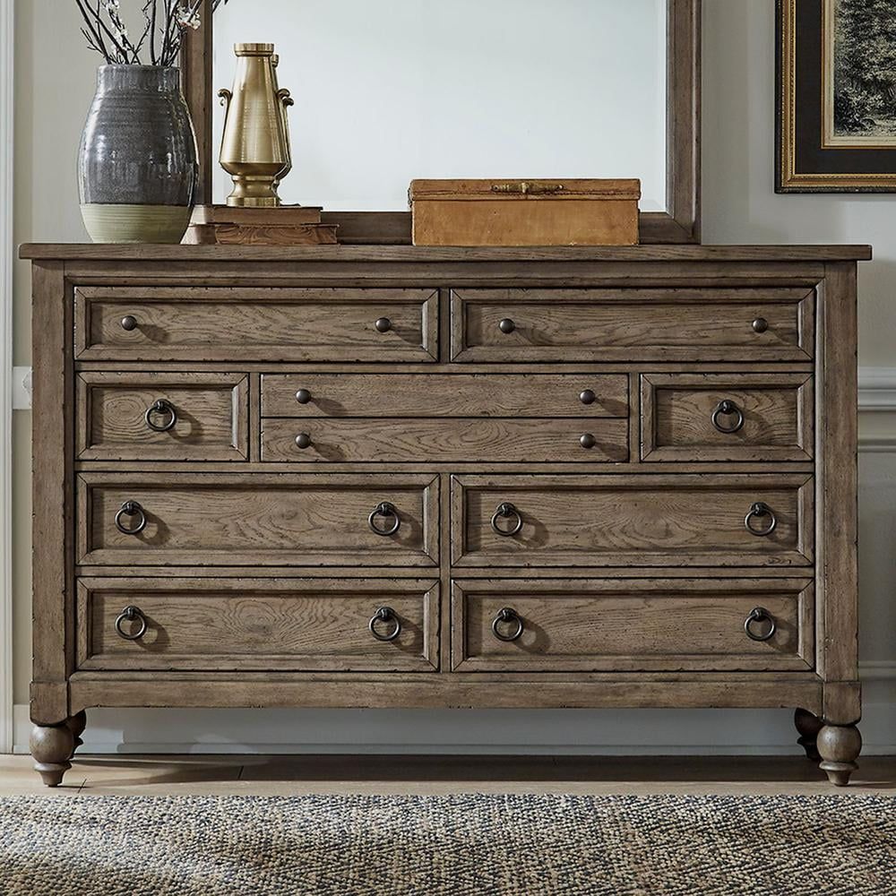 Farmhouse Dusty Taupe 9-Drawer Poplar Dresser with Felt Lined Drawers