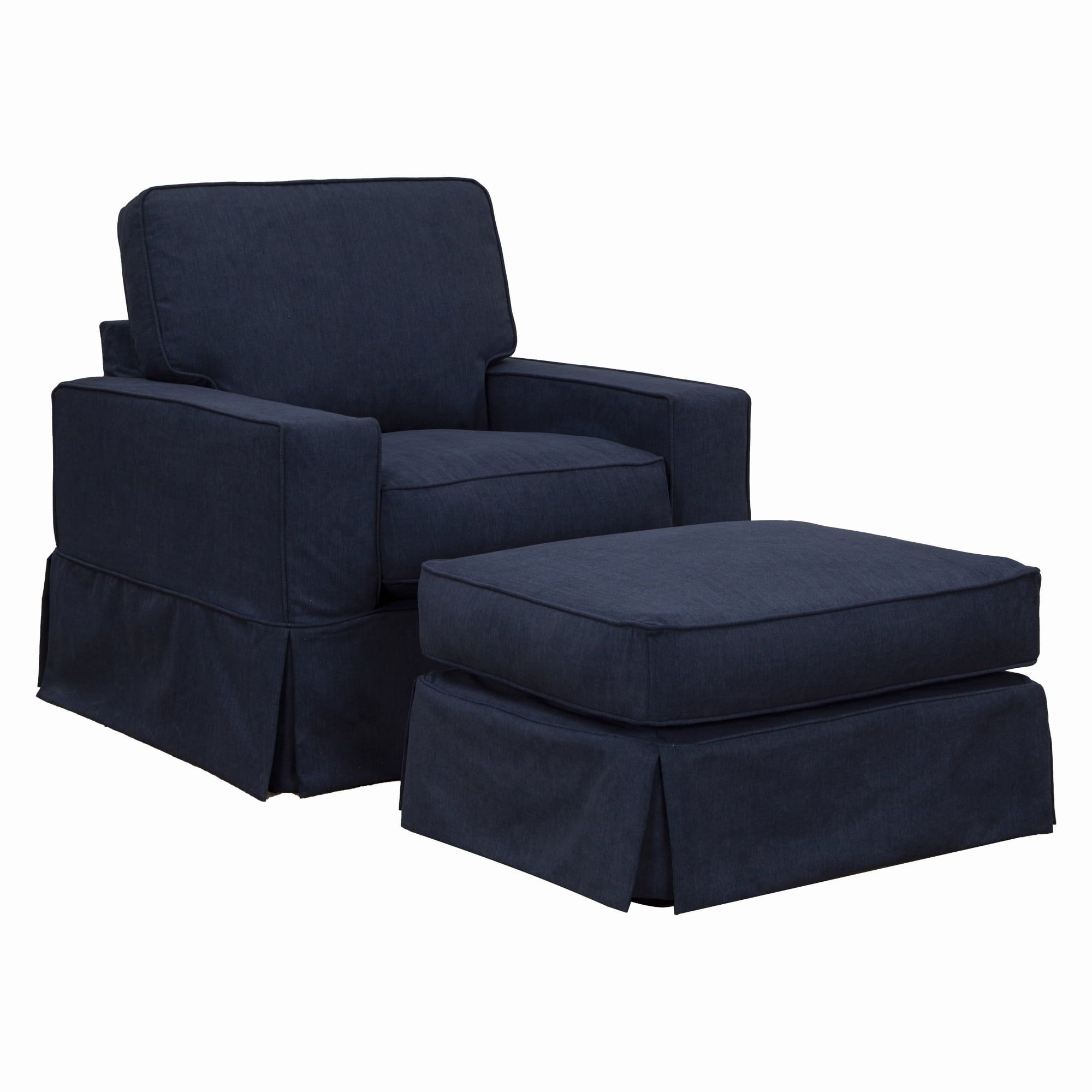 Navy Blue Performance Fabric Slipcovered Chair & Ottoman Set