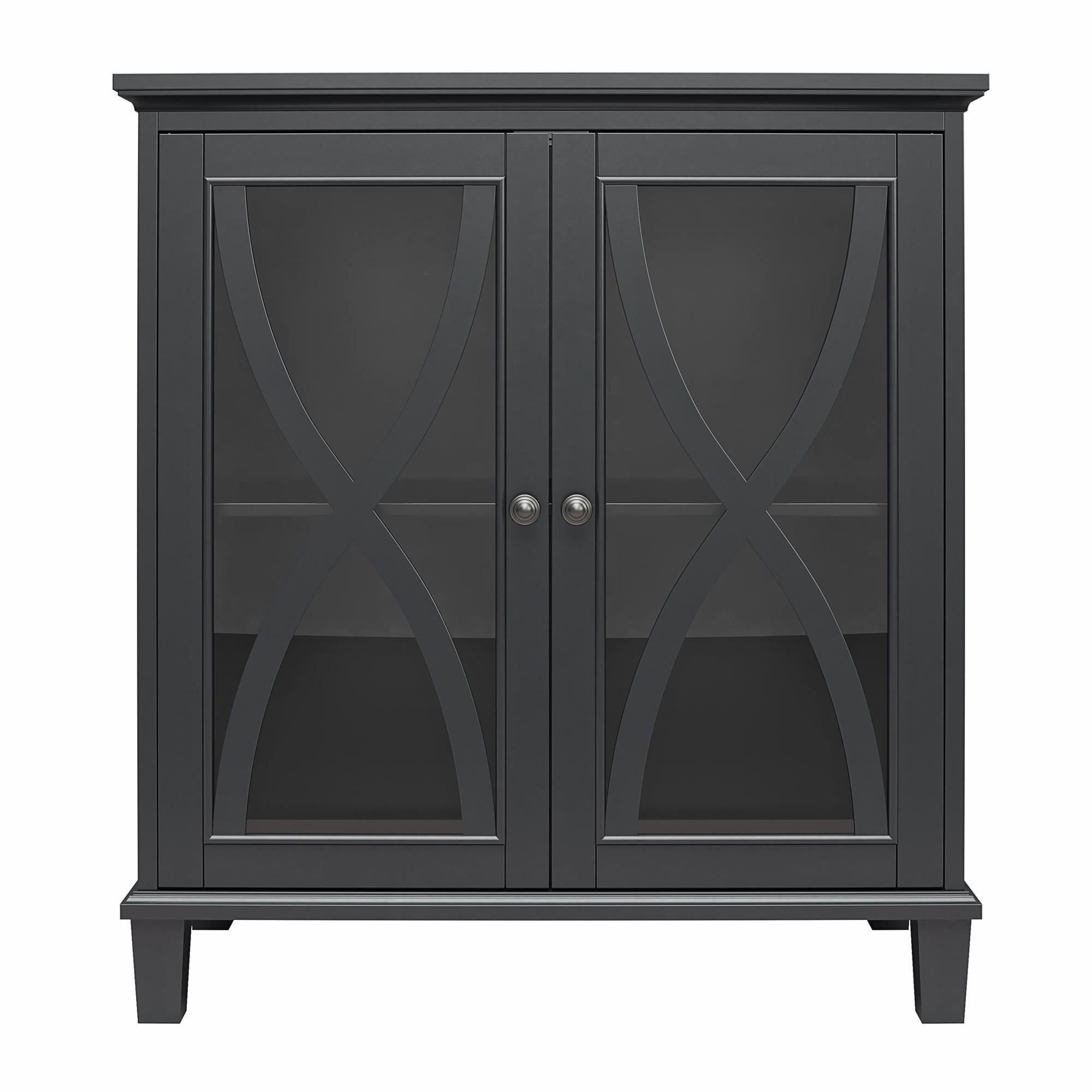 Black Glass-Paned Double Door Accent Cabinet with Adjustable Shelves