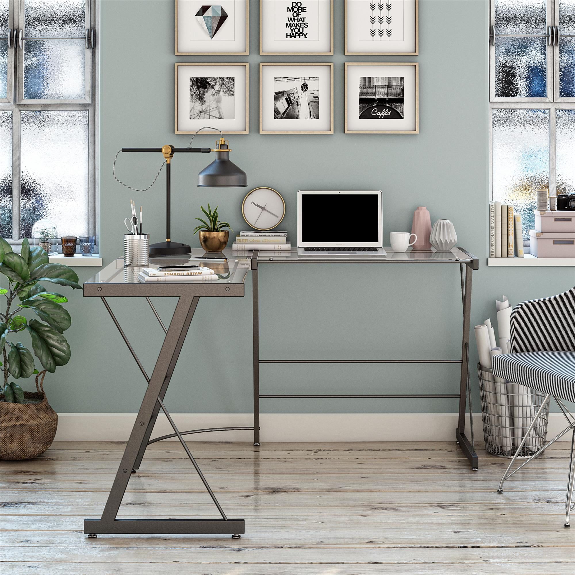 Modern Gray Glass L-Shaped Home Office Computer Desk