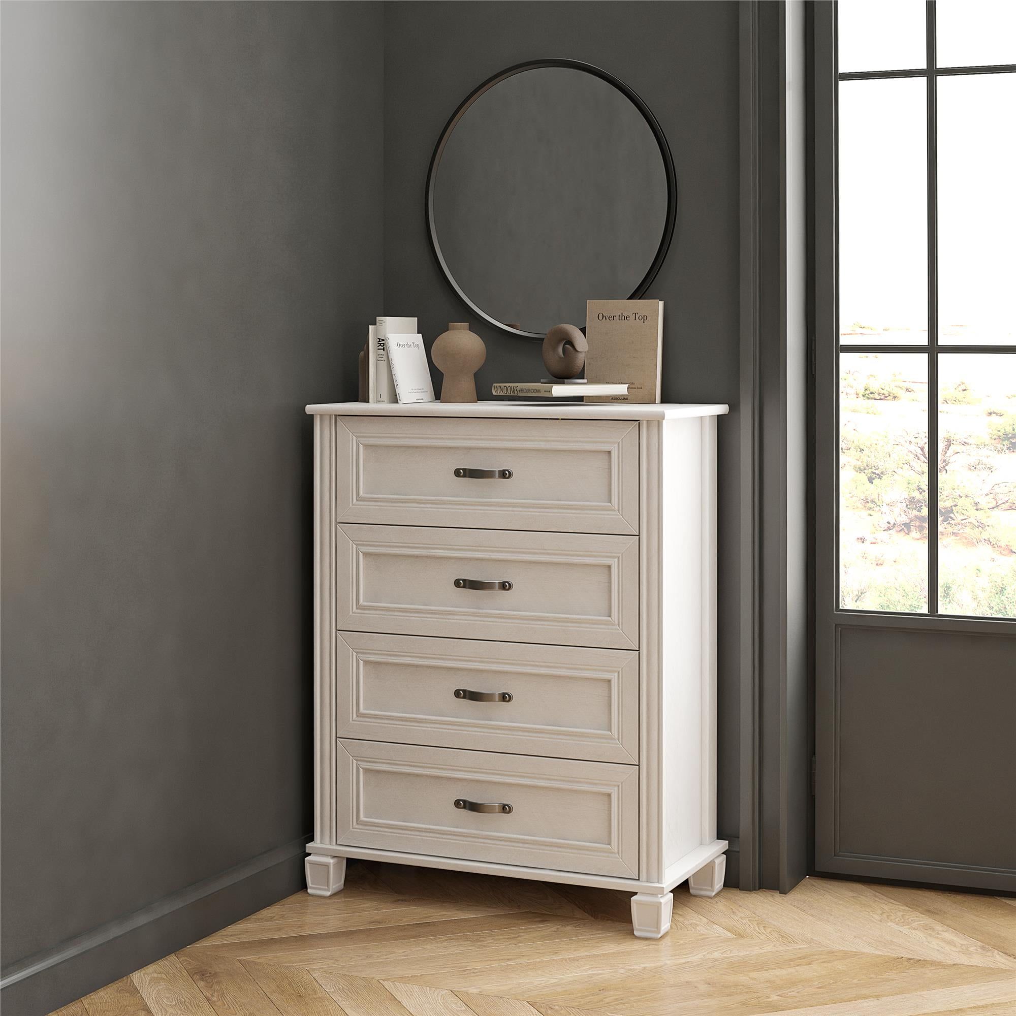 Ivory Oak Vertical 4-Drawer Dresser with Silver Hardware