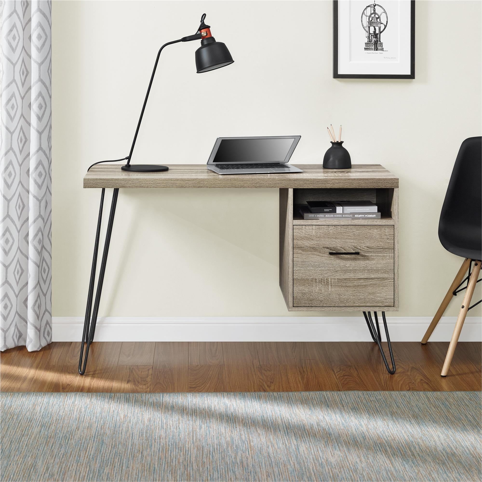 Distressed Gray Oak Writing Desk with Drawer and Filing Cabinet