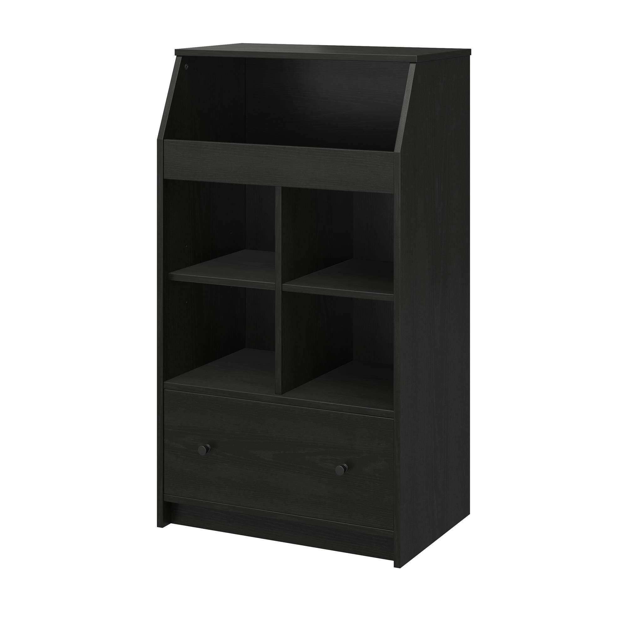 Adjustable Black Oak Kids Storage Tower with Drawer