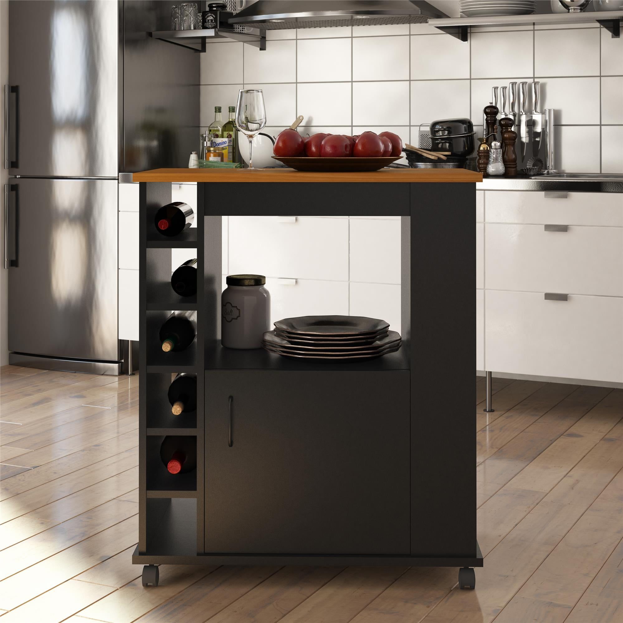 Sleek Black and Woodgrain Kitchen Cart with Storage and Casters