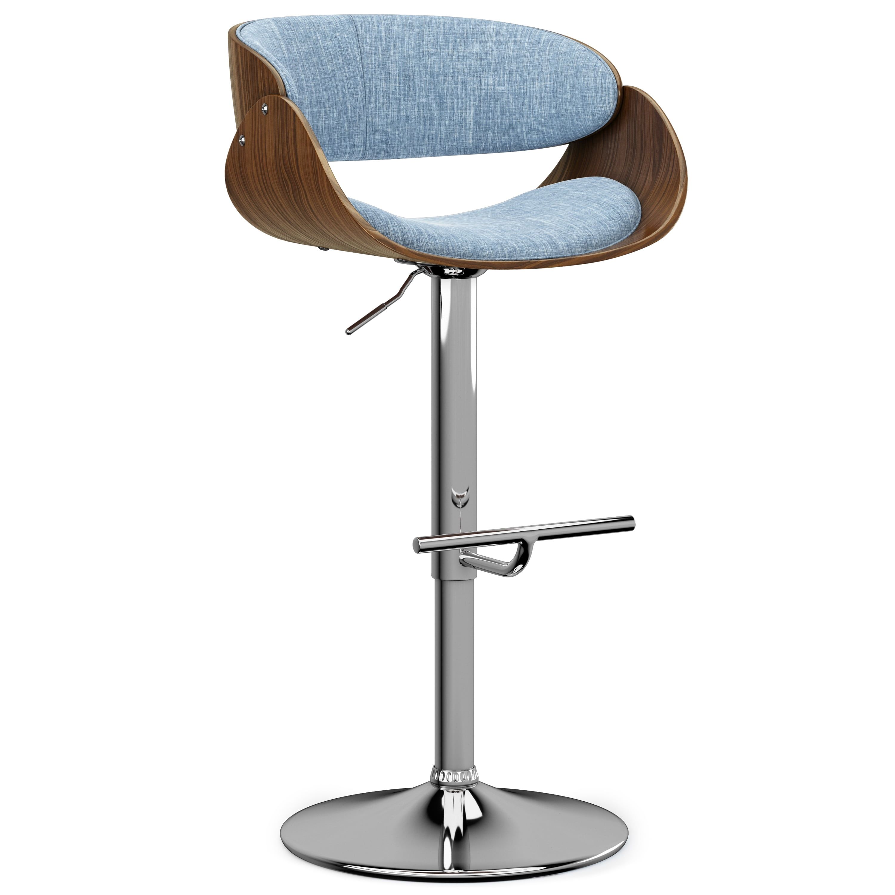 Denim Blue Adjustable Swivel Bar Stool with Walnut Veneer