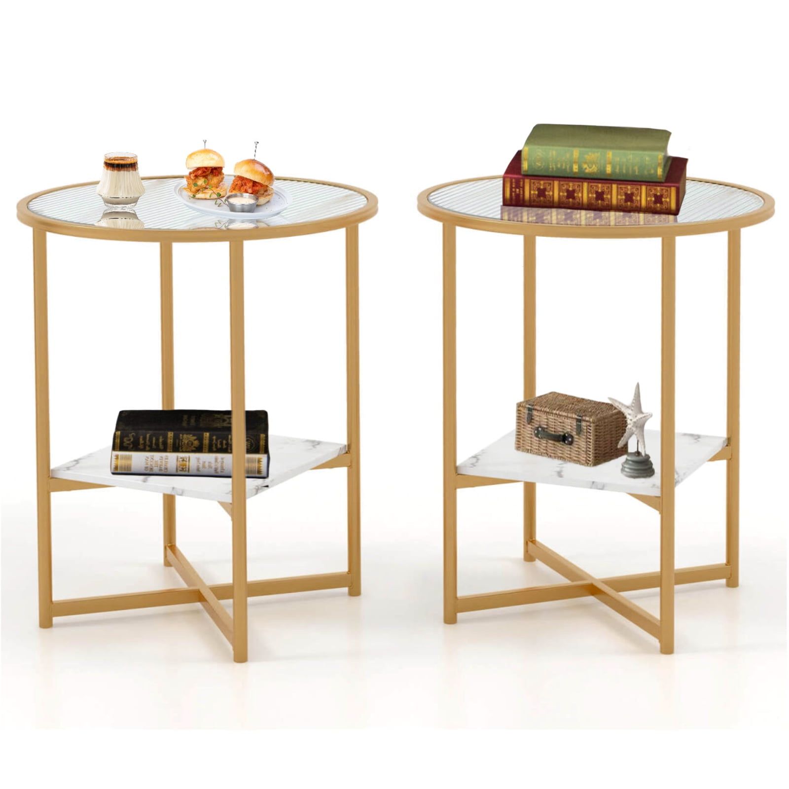 Round Gold Metal and Glass End Table Set with Faux Marble Shelf