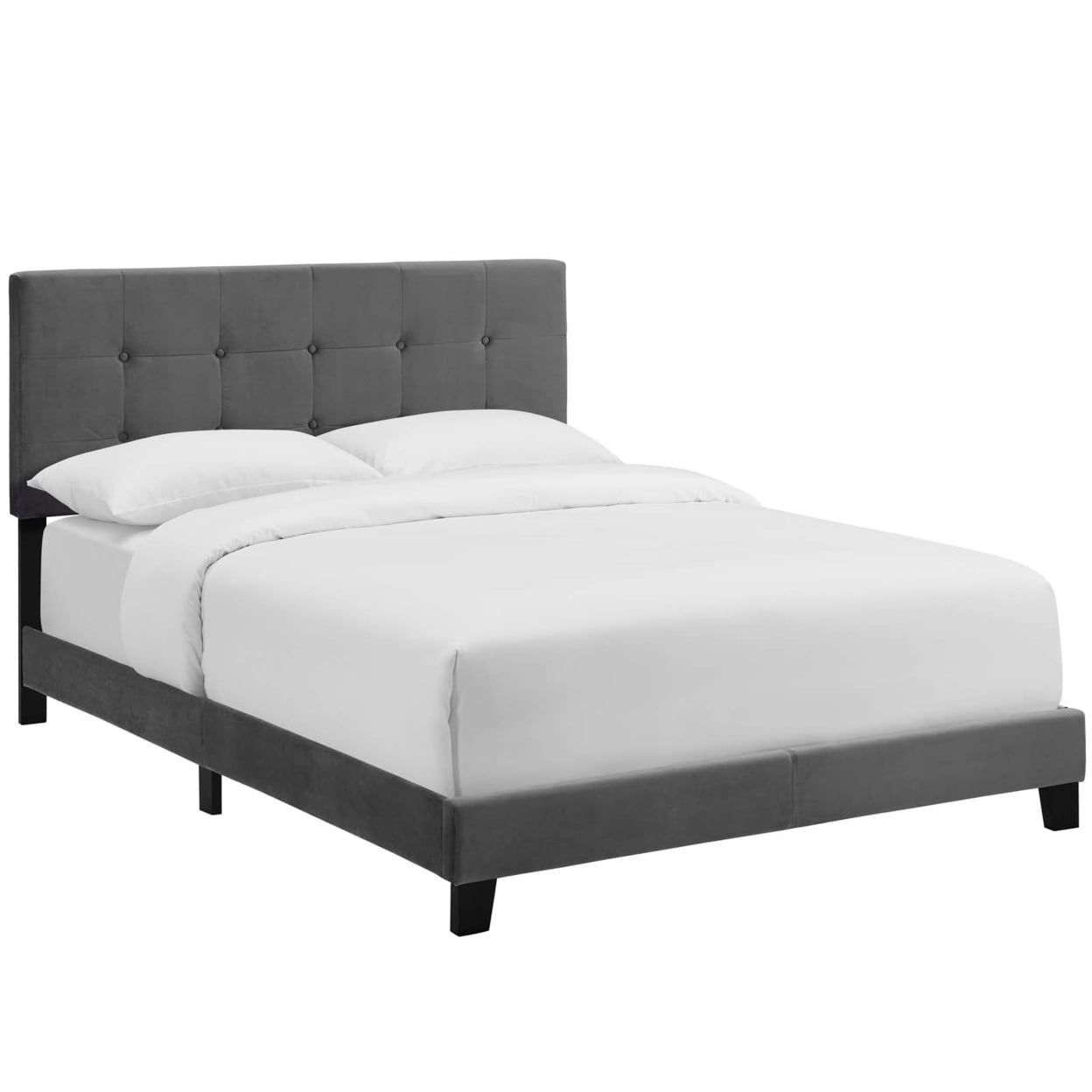 Elegant Gray Velvet Upholstered Full Platform Bed with Tufted Headboard