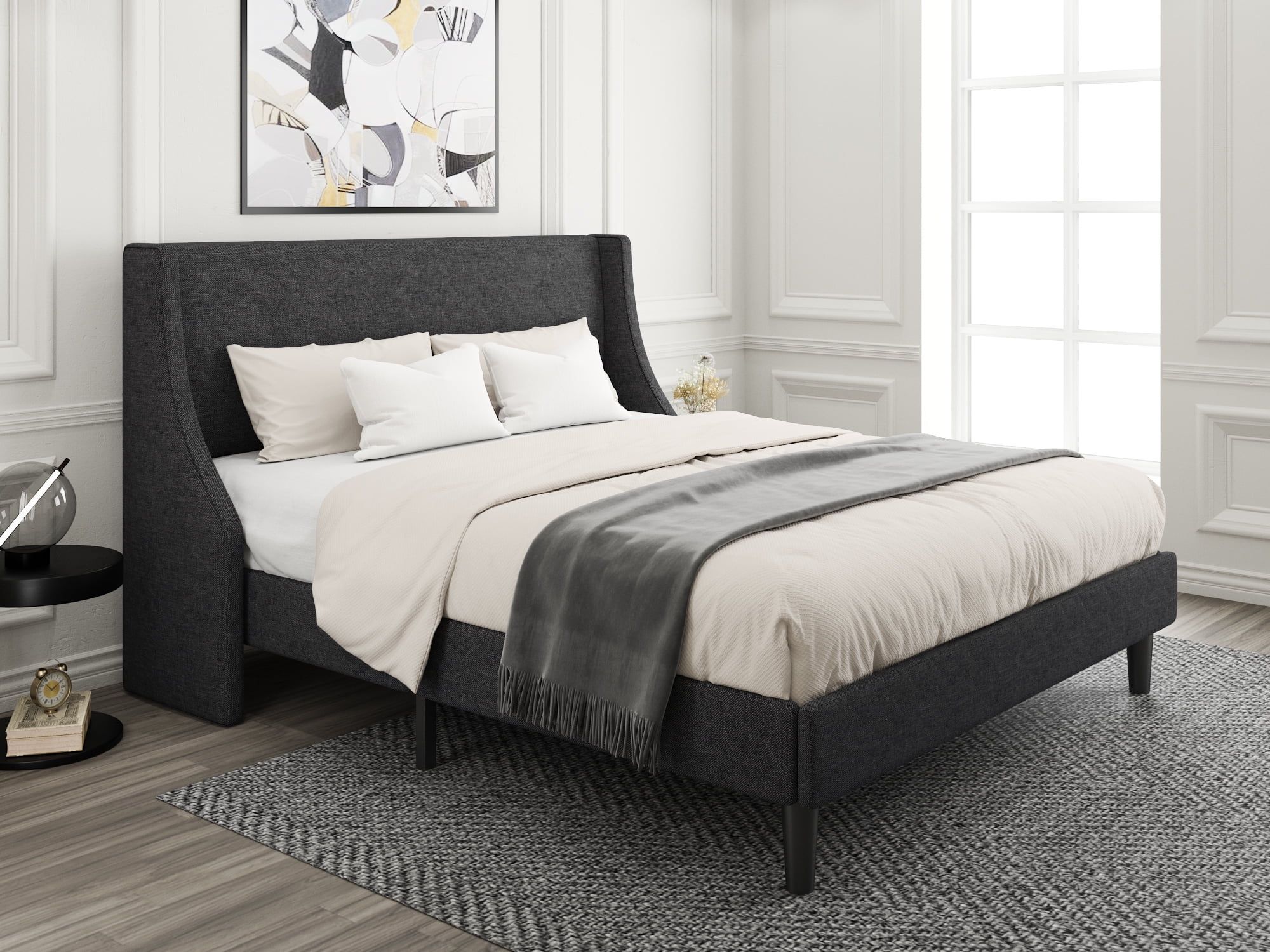 Full Size Dark Grey Linen Upholstered Platform Bed Frame with Wingback Headboard