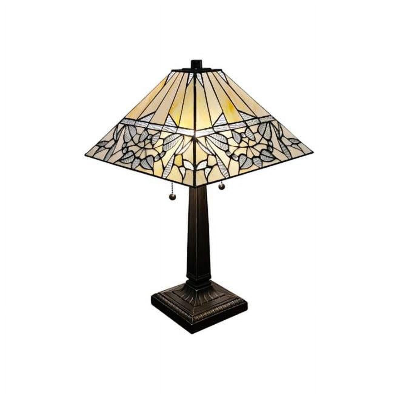 Ivory and Brown Stained Glass Tiffany Style Table Lamp