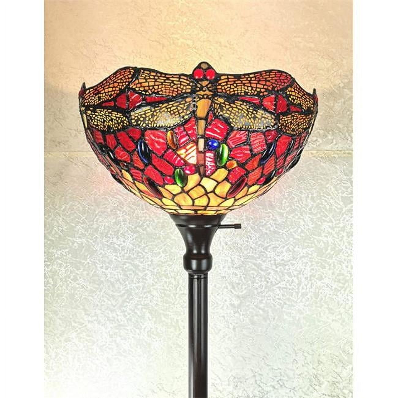 Elegant Dragonfly Torchiere Floor Lamp with Stained Glass Shade