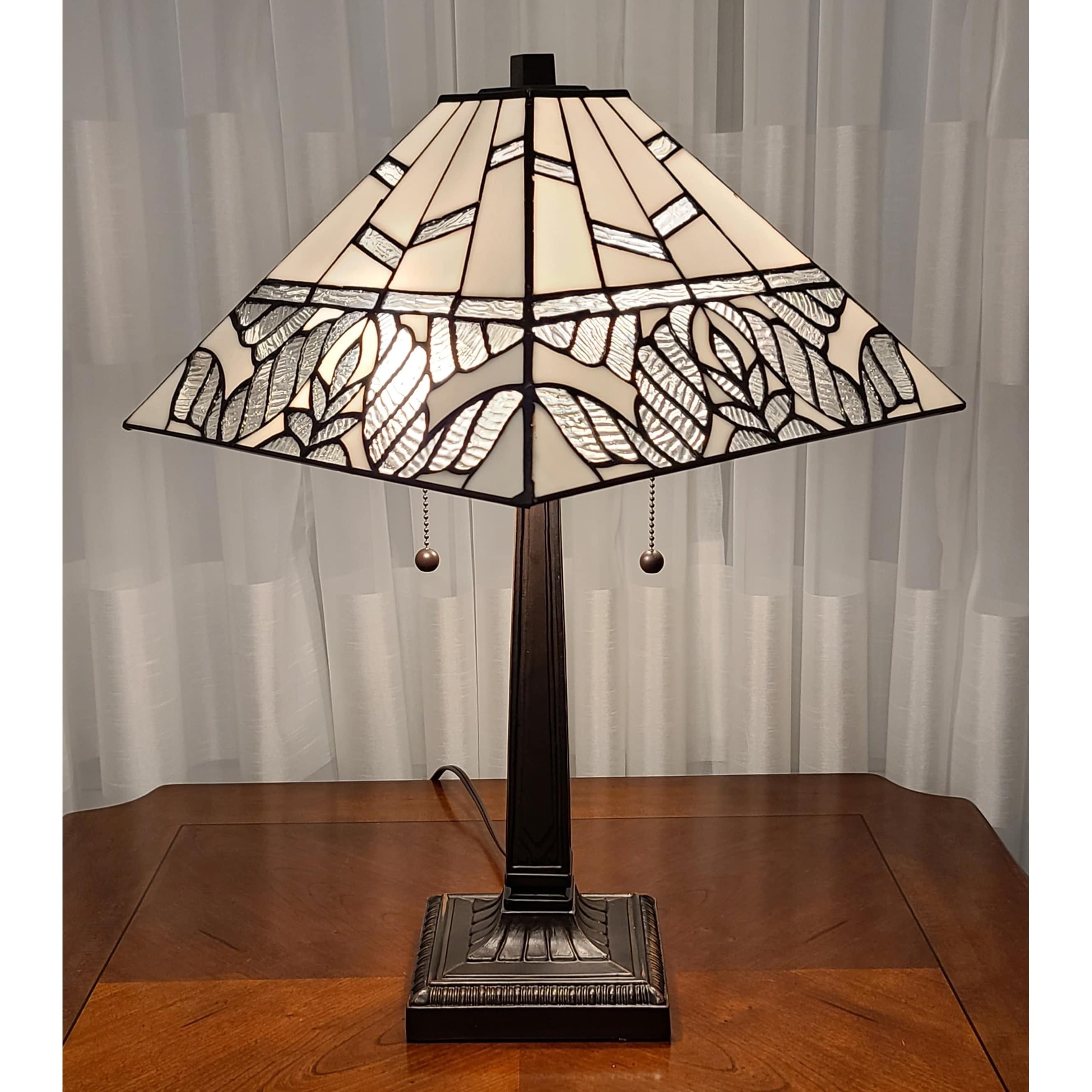 White and Dark Brown Stained Glass Mission Table Lamp