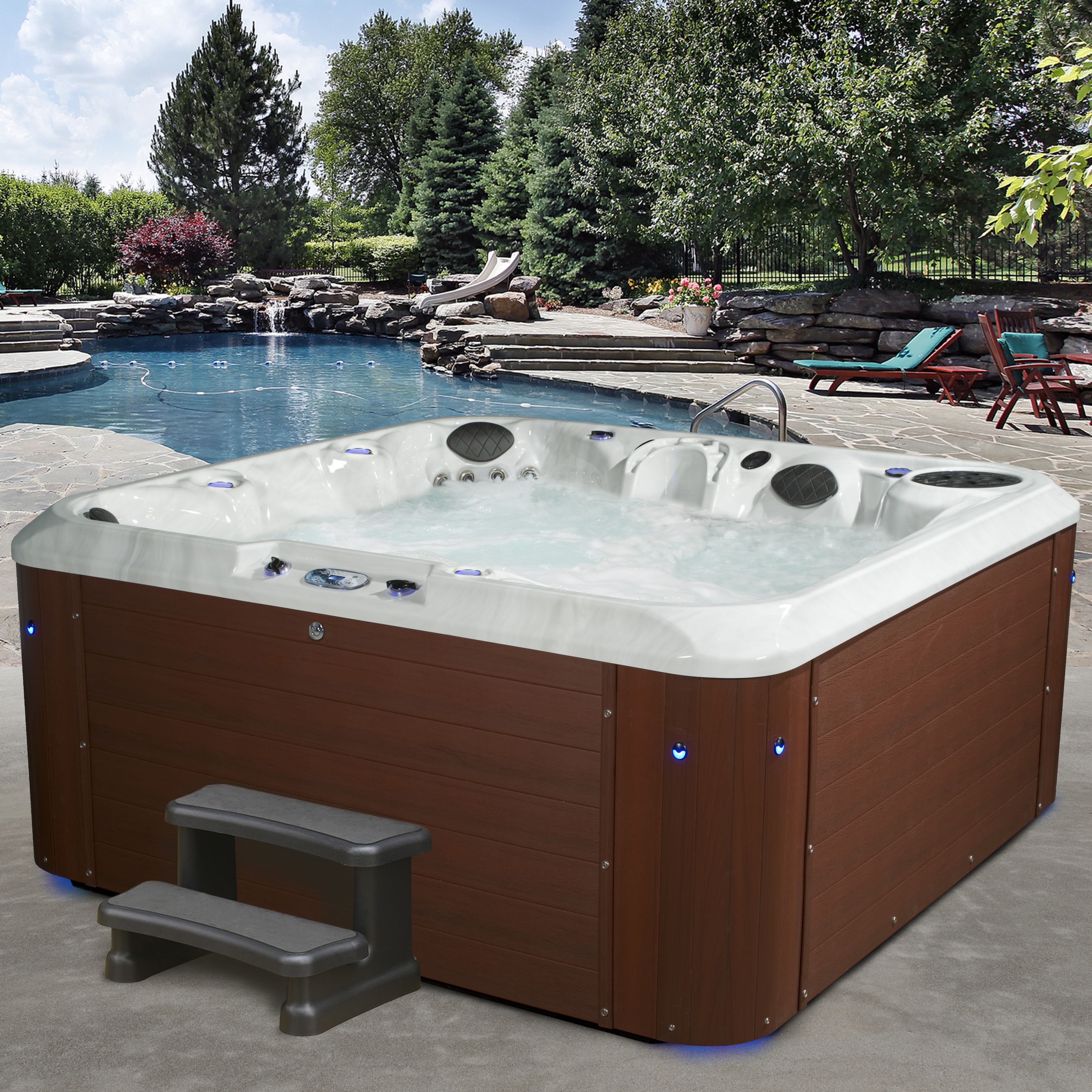 Amplified 100-Jet 6-Person Square Brown and White Hot Tub