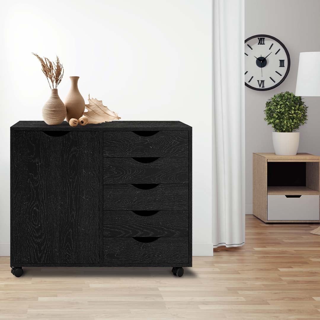 Amy Distressed Black Mobile 5-Drawer Wood Storage Cabinet