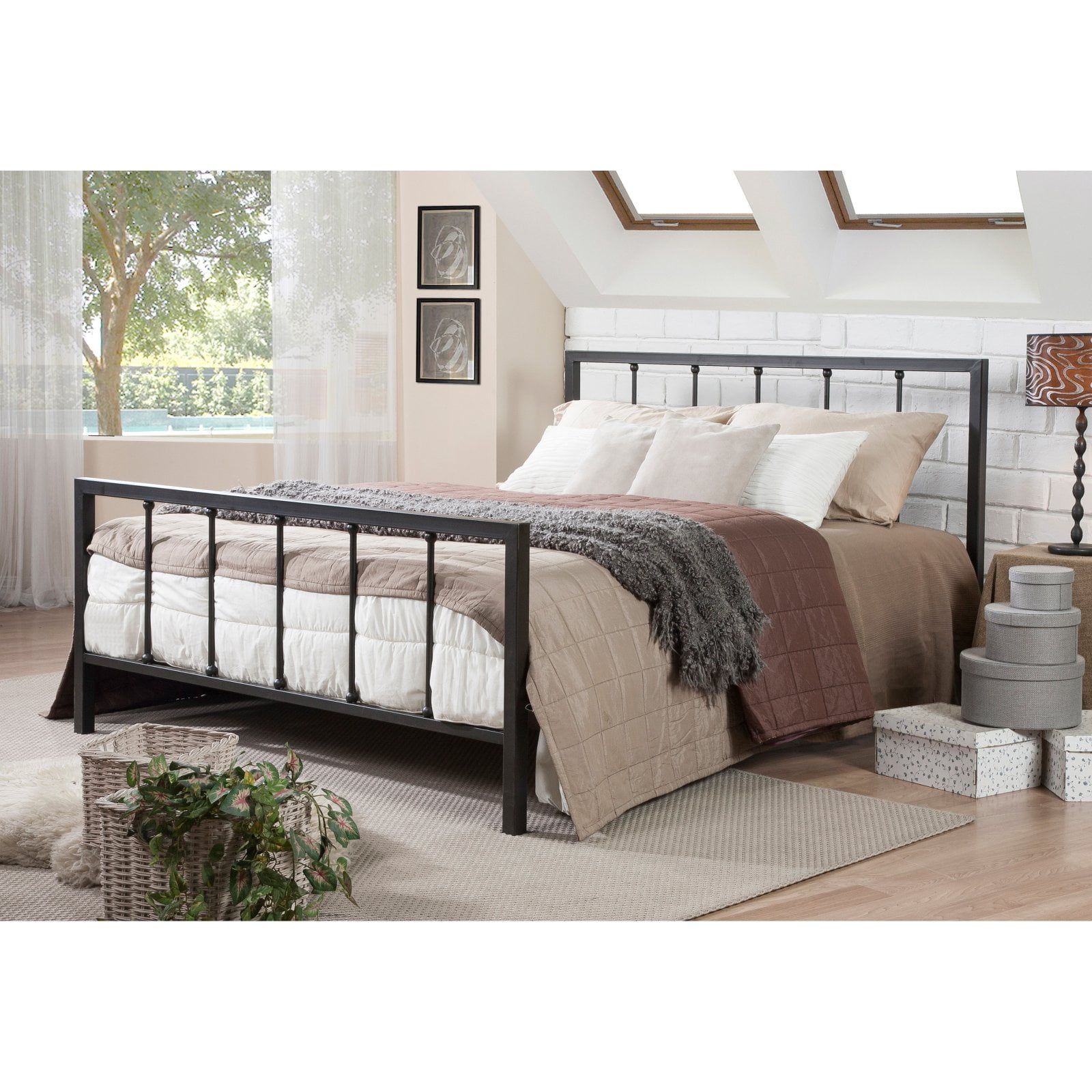 Modern Dark Bronze Queen Metal Platform Bed with Slatted Headboard