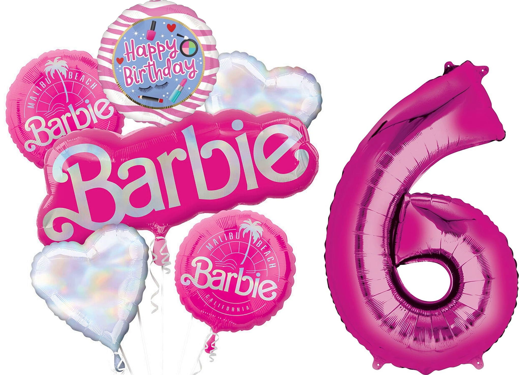 Pink and Iridescent Barbie 6th Birthday Foil Balloon Set