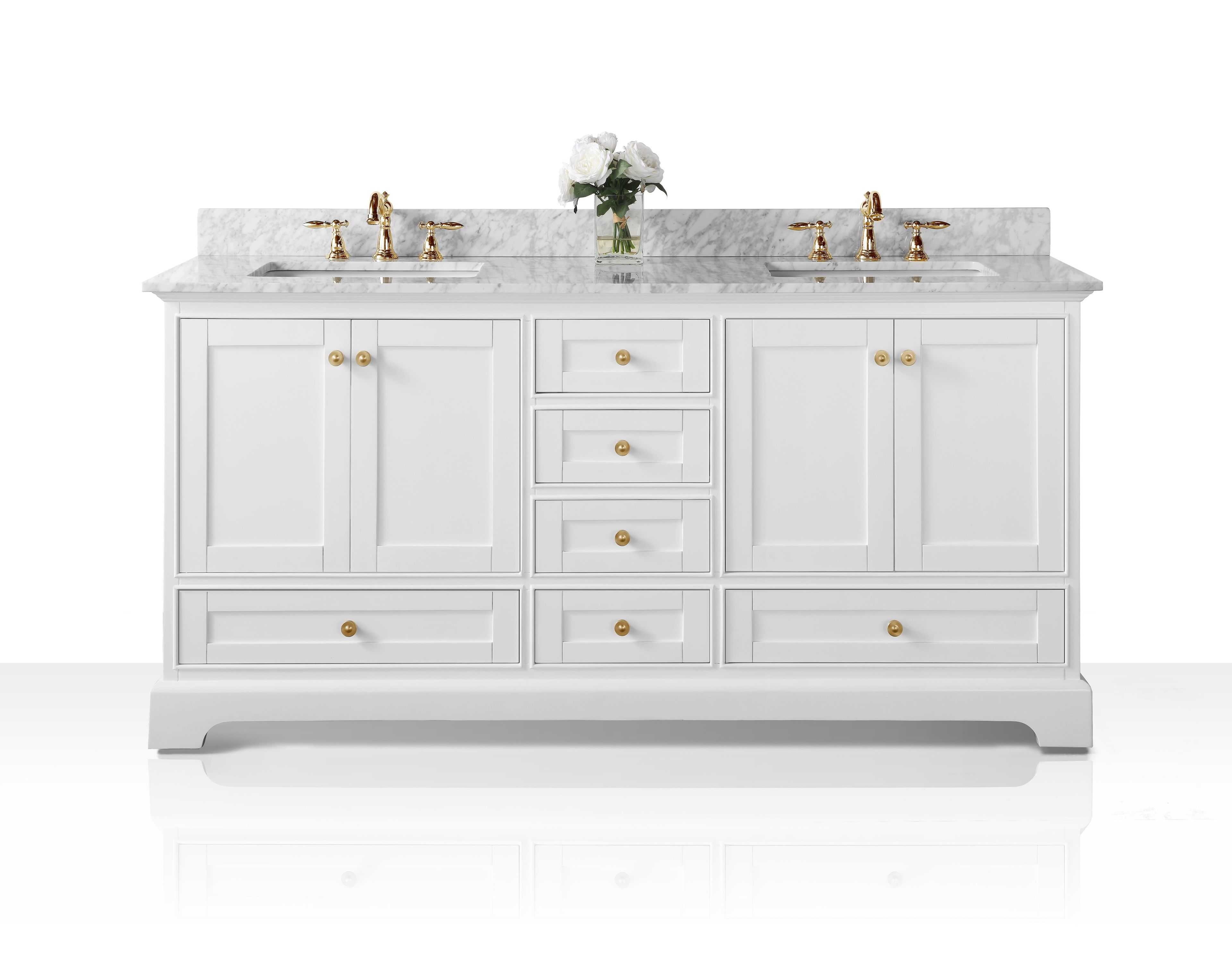 Audrey 72" White Double Vanity with Carrara Marble Top and Gold Hardware