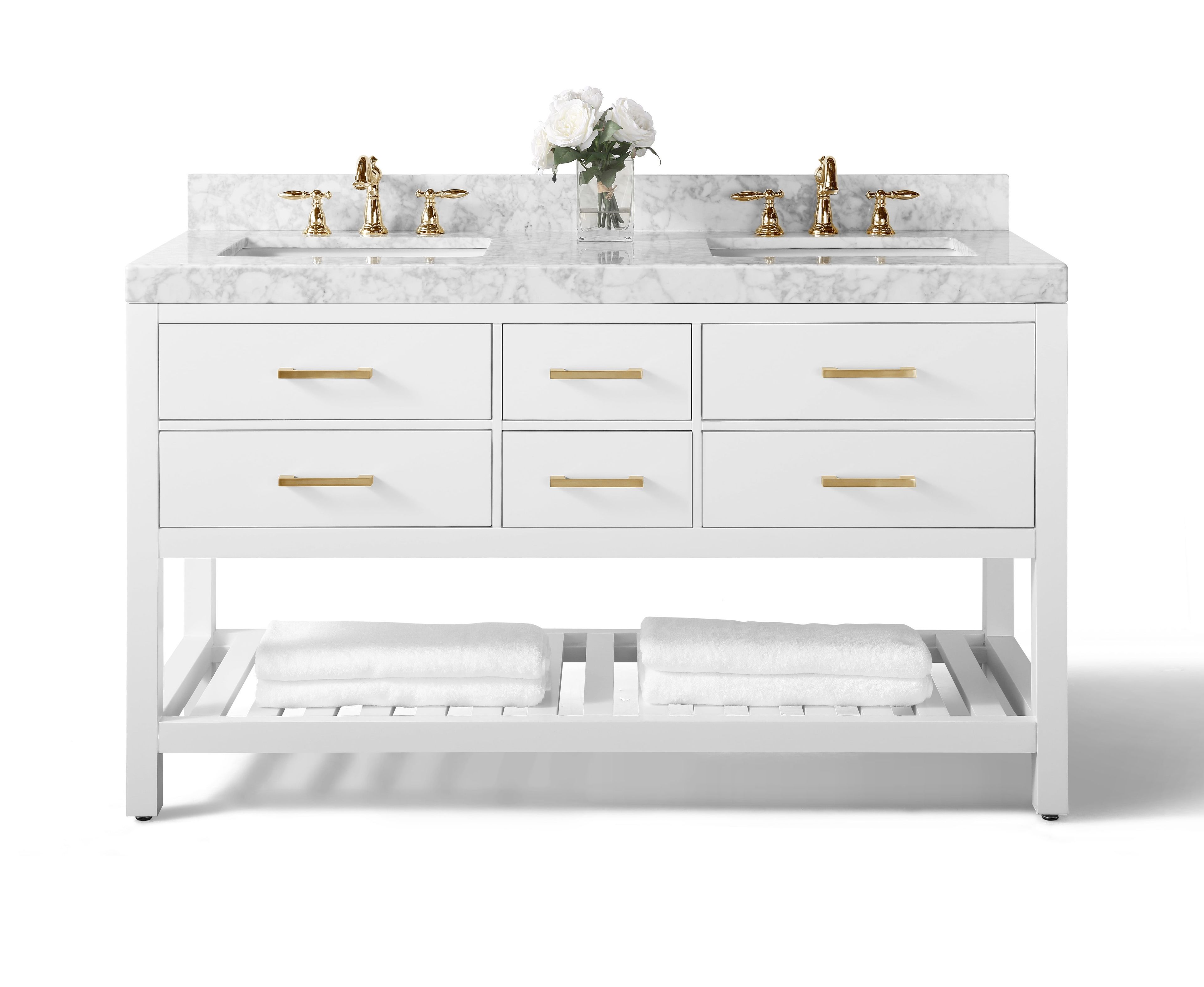 Elizabeth 60'' White Marble Double Vanity with Gold Hardware