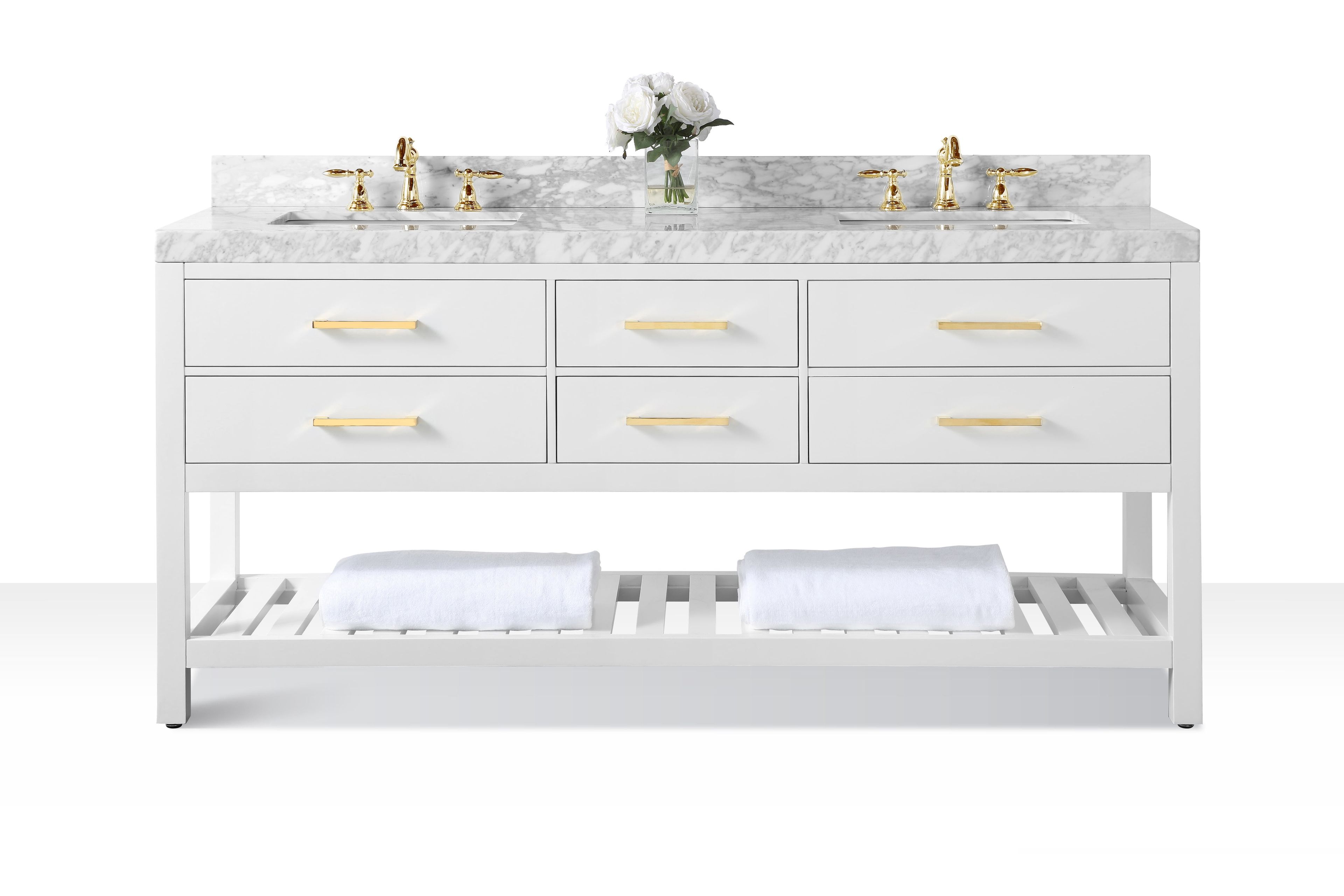 Elizabeth 72" White Double Bathroom Vanity with Gold Hardware