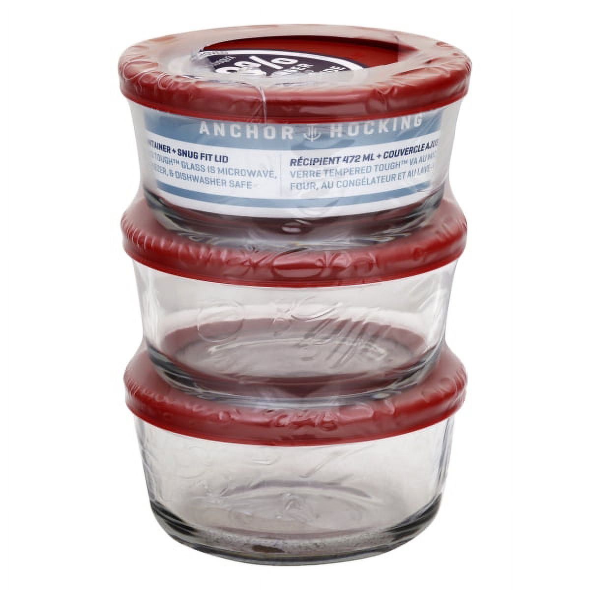 Anchor Hocking 2-Cup Glass Food Storage Containers with Red Lids, Set of 3