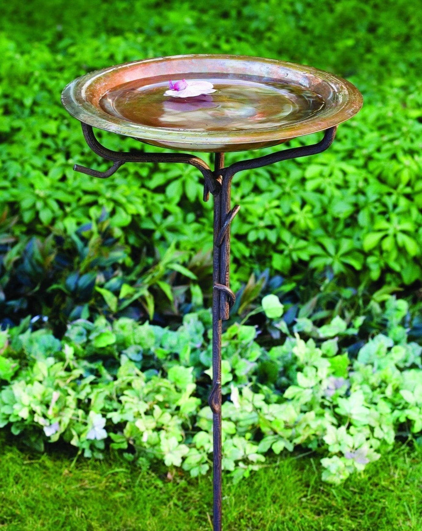 Solid Copper Bird Bath with Iron Twig Stake, Set of 2