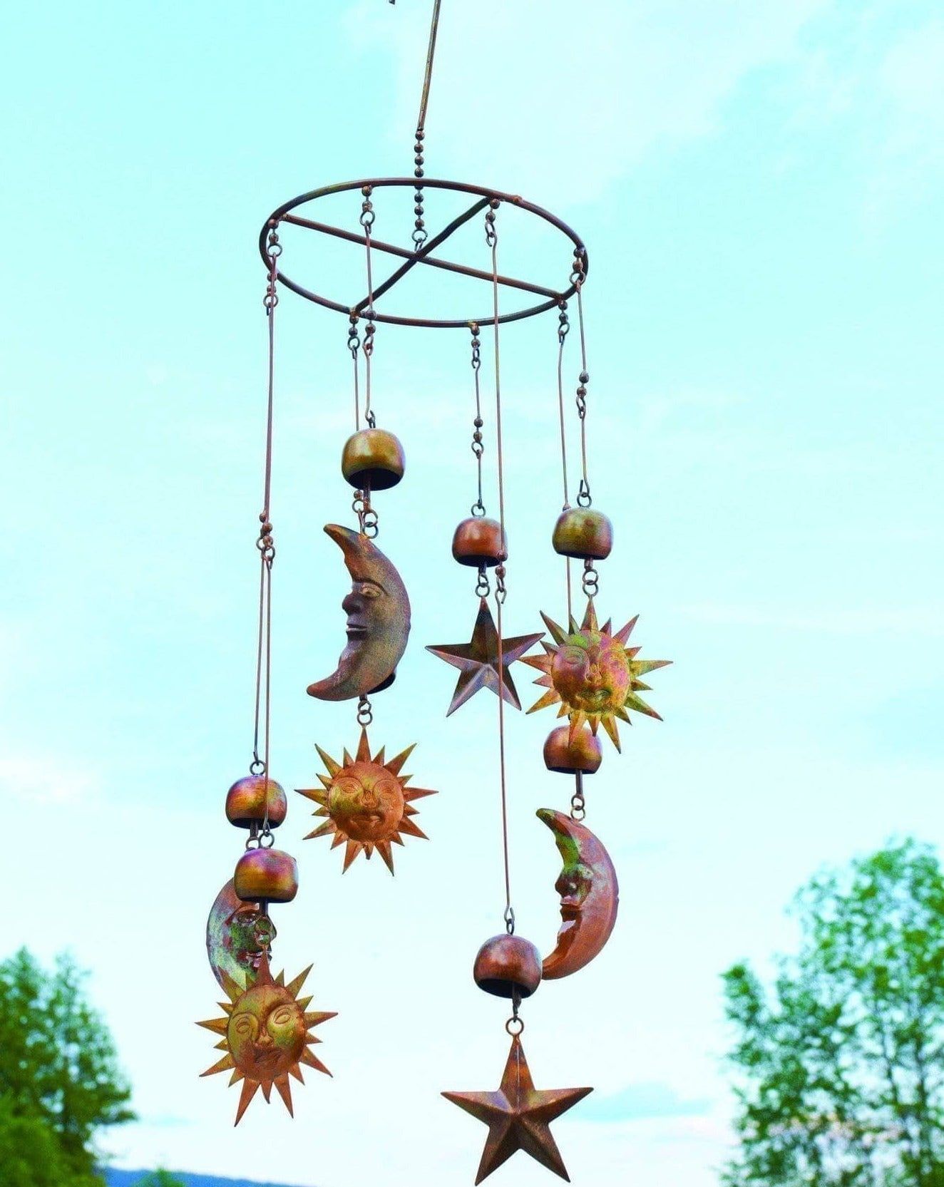 Handcrafted Copper Sun, Moon, and Stars Wind Chime Mobile