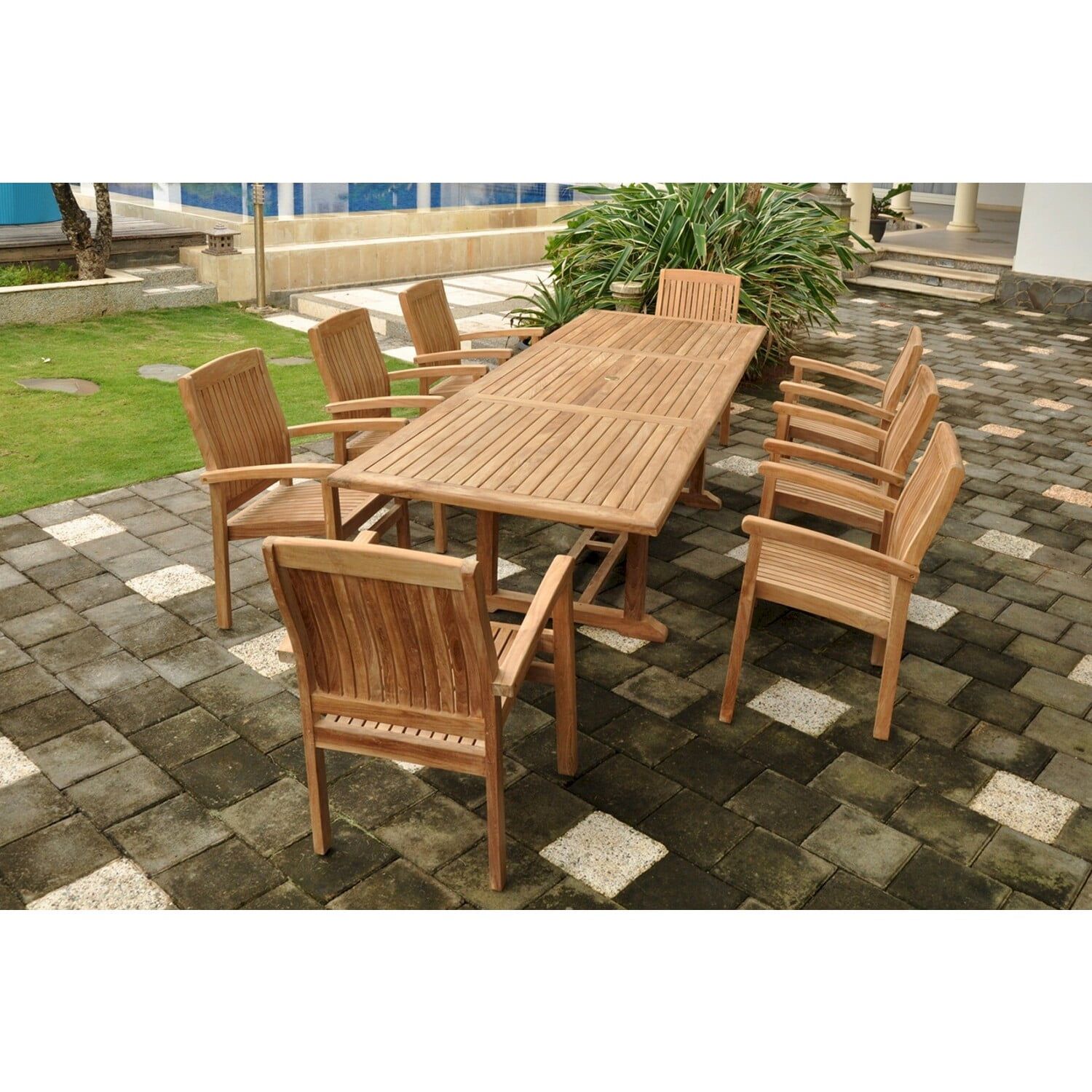 Bahama Natural Teak 9-Piece Outdoor Dining Set with Armchairs