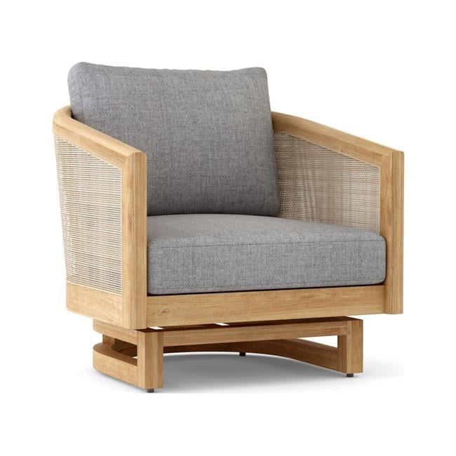 Natural Teak and Gray Cushioned Swivel Armchair