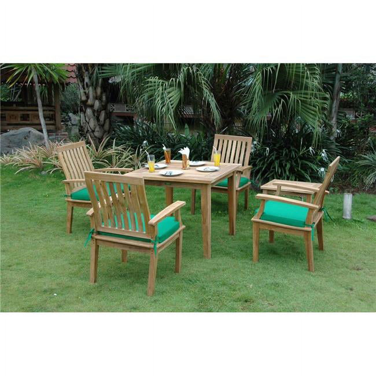 Natural Teak 5-Piece Outdoor Dining Set with Green Cushions