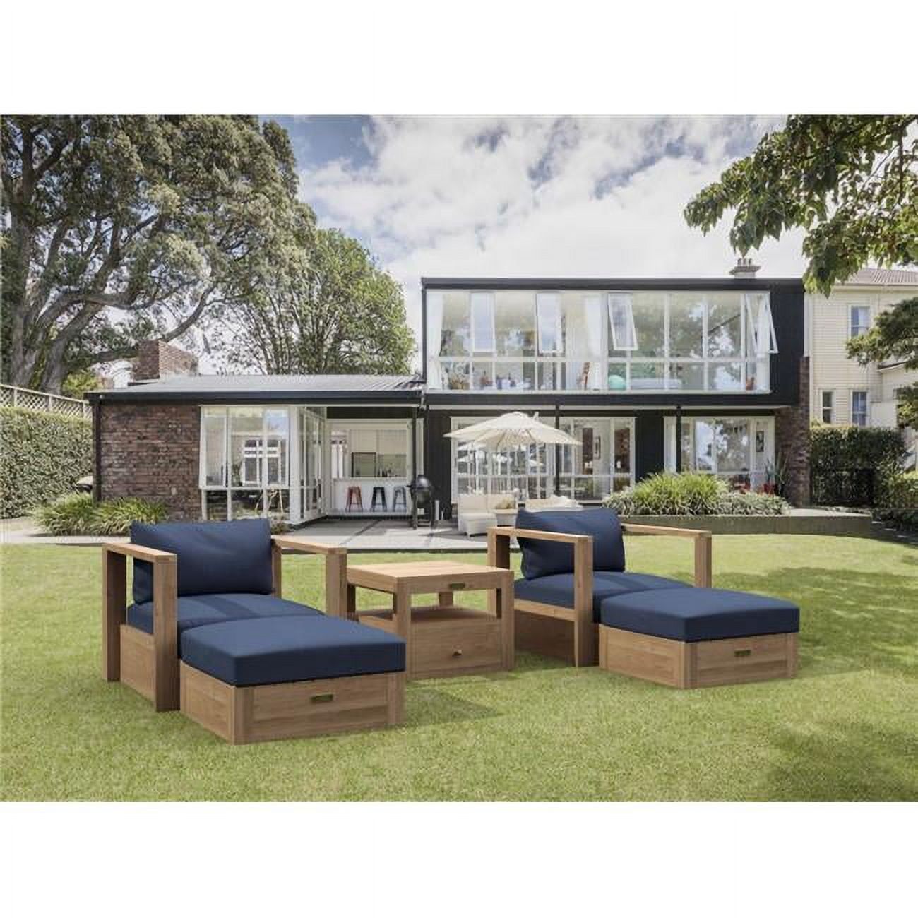 Copacabana Teak and Navy Modular Deep Seating Set - 5 Piece