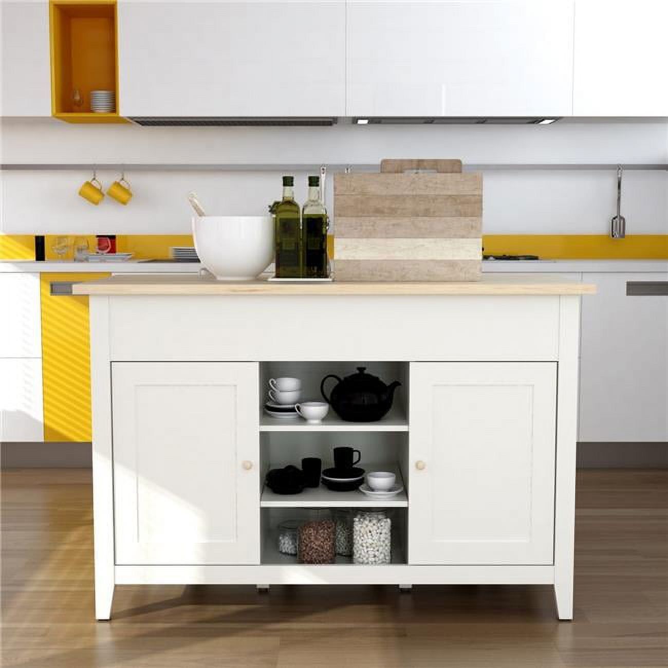 Delphi White Teak Kitchen Island Cabinet with Stools