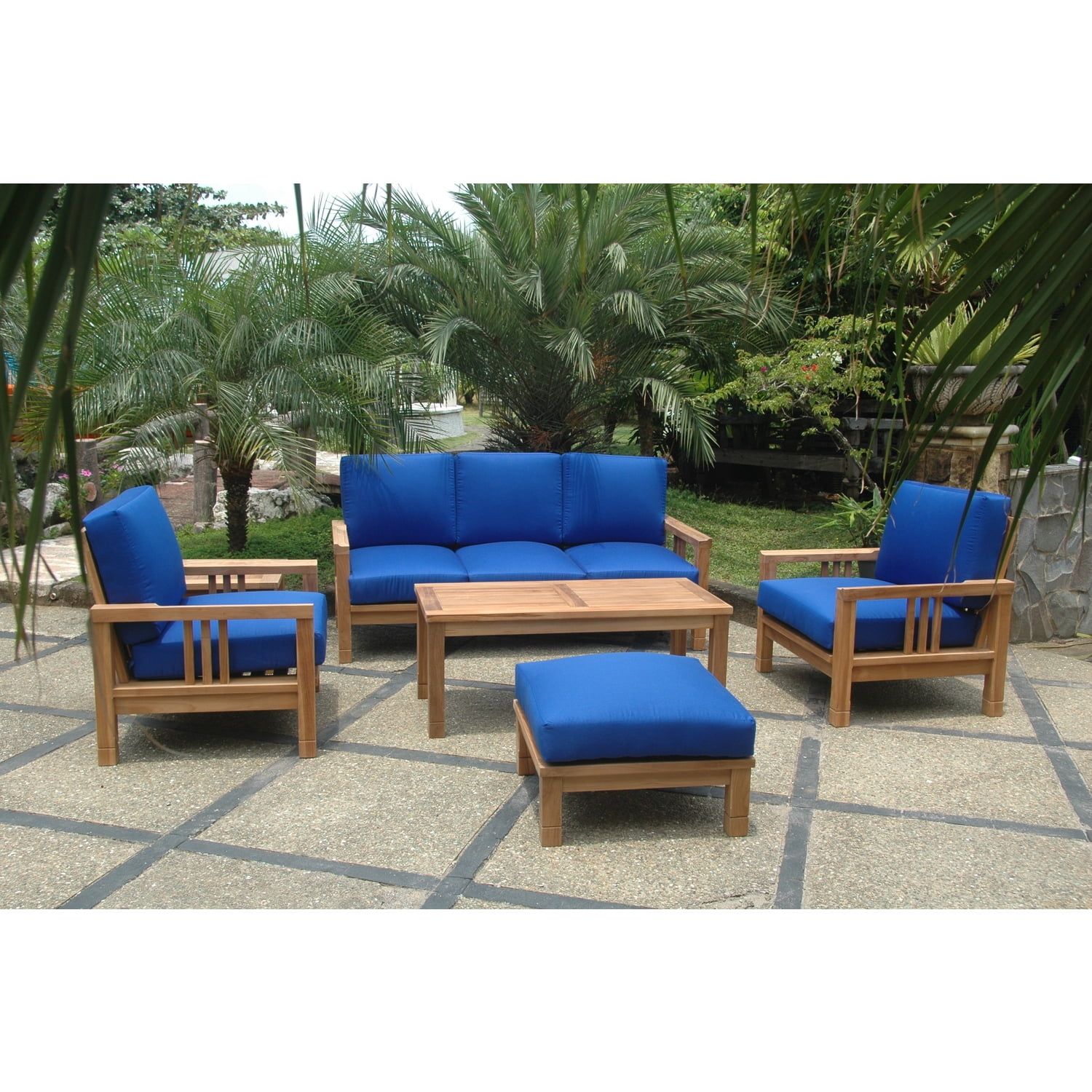 Southbay Teak and Blue 6-Piece Outdoor Seating Set