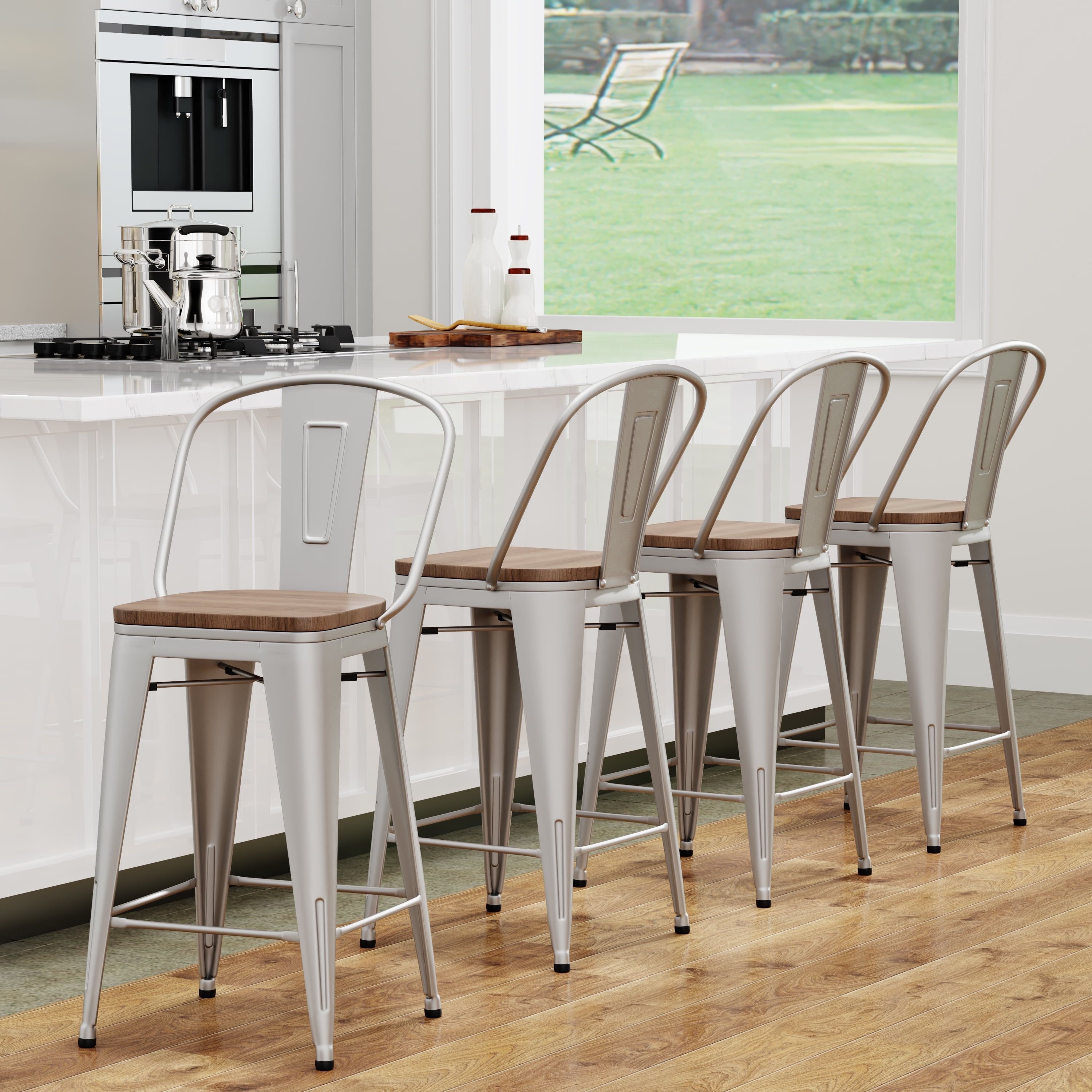 Silver 30" Swivel Metal Bar Stools with Wooden Seat