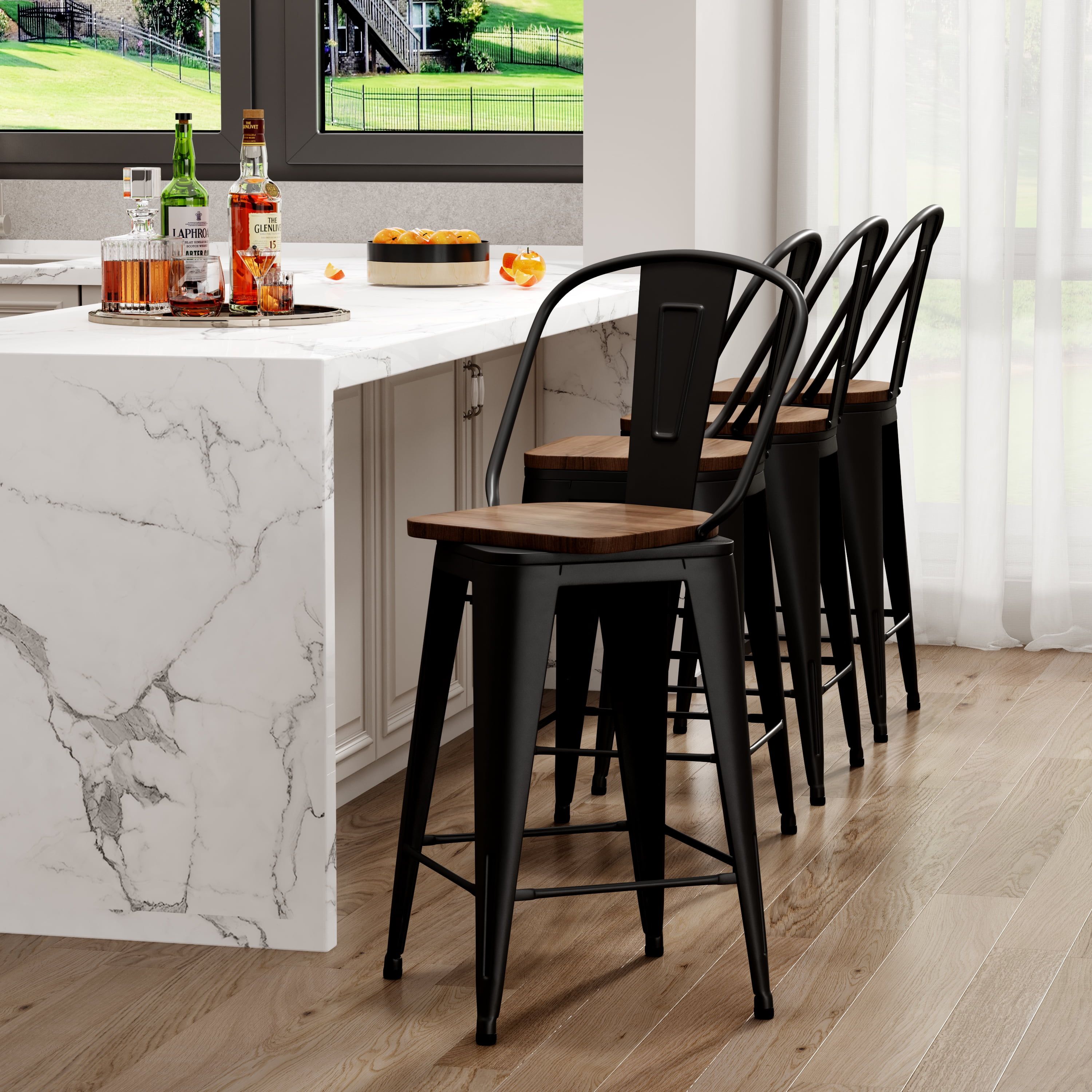 Black Metal and Wood 26" Swivel Backless Bar Stools Set