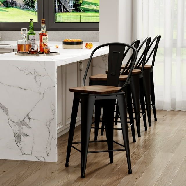 Black Metal Swivel Bar Stools with Wooden Seat, Set of 4