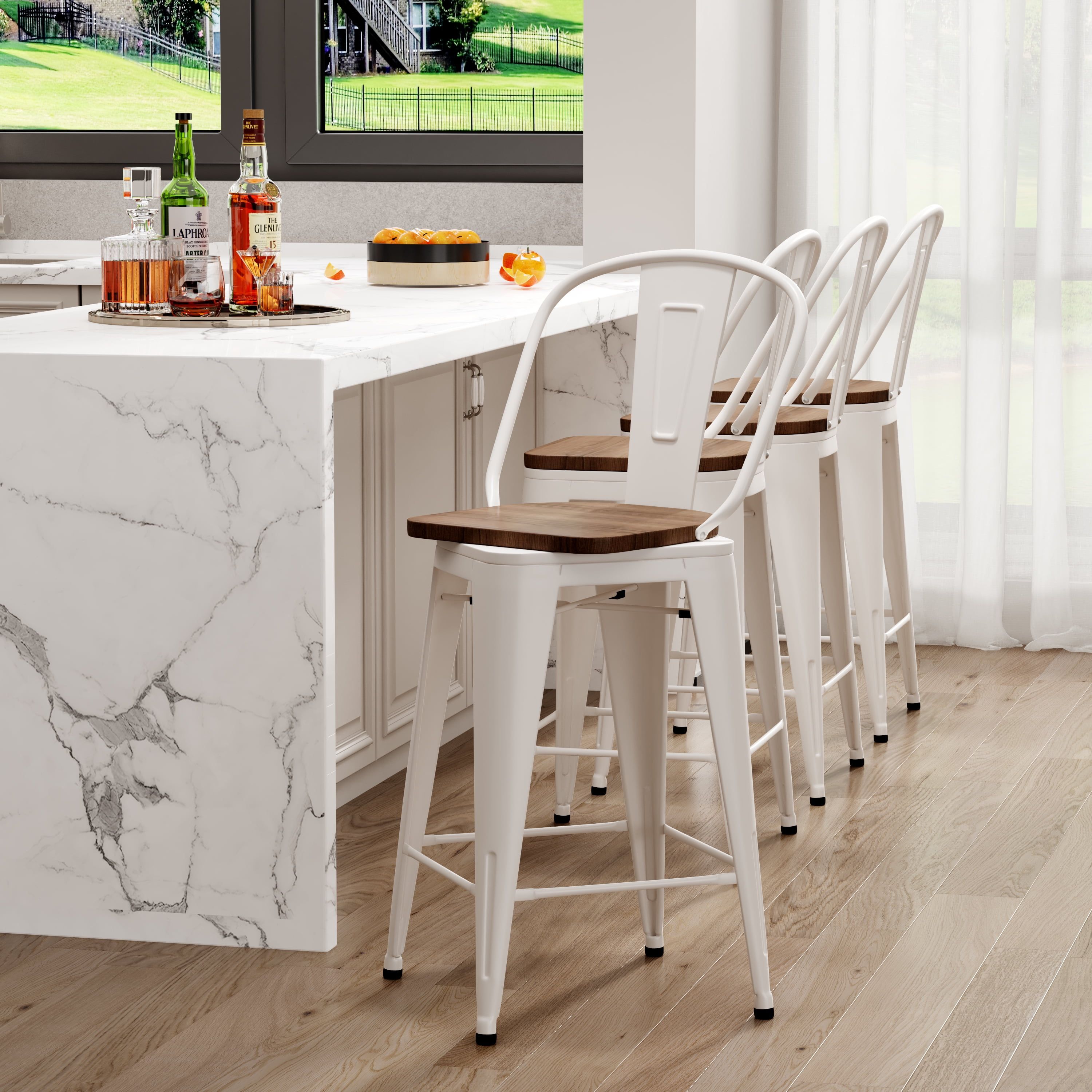 White Swivel Metal Bar Stools with Wooden Seat, Set of 4